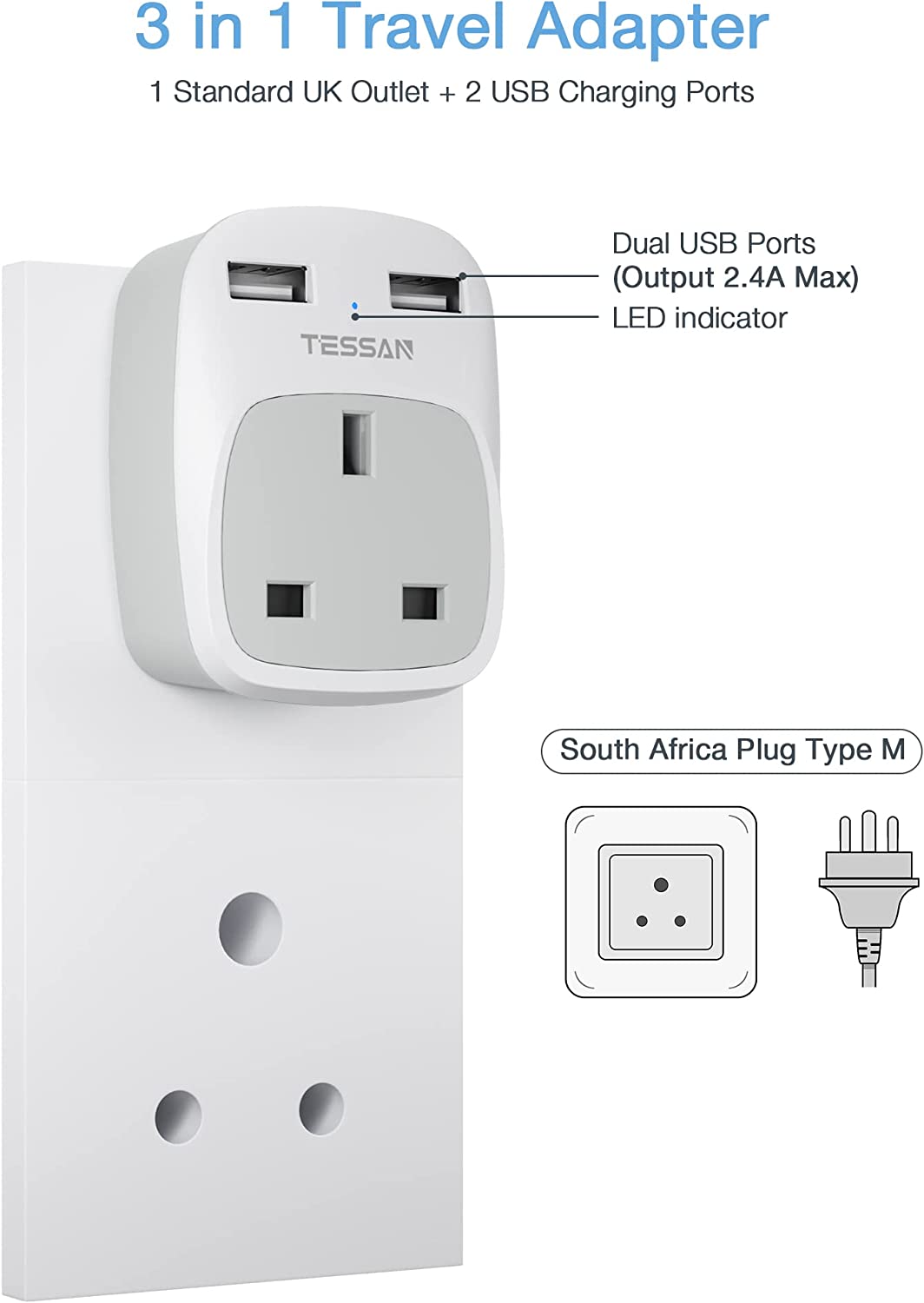 UK to South Africa Plug Adapter with 2 USB