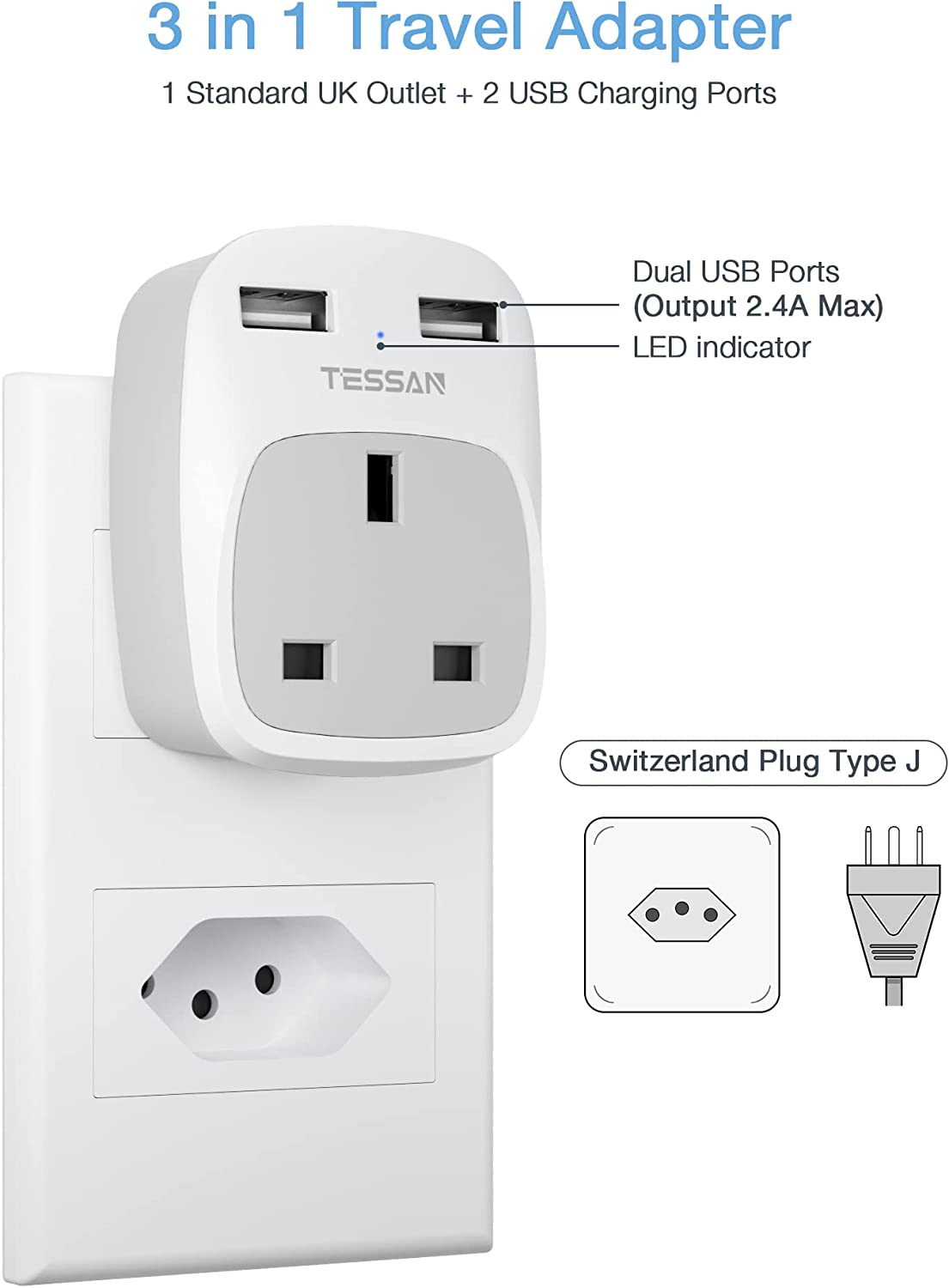 UK to Switzerland Plug Adapter with 2 USB