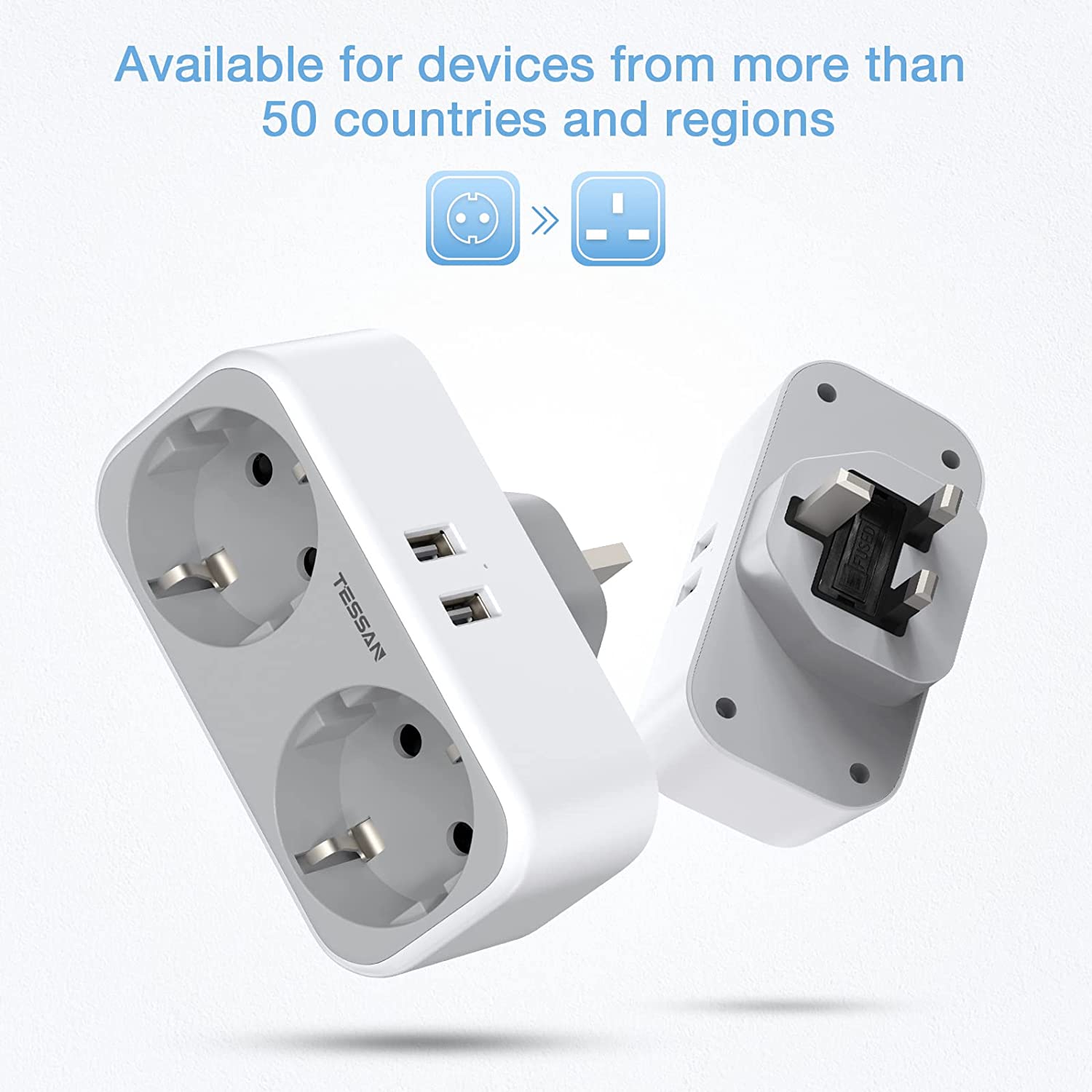 EU to UK Plug Adapter with 2 Outlets 2 USB Ports