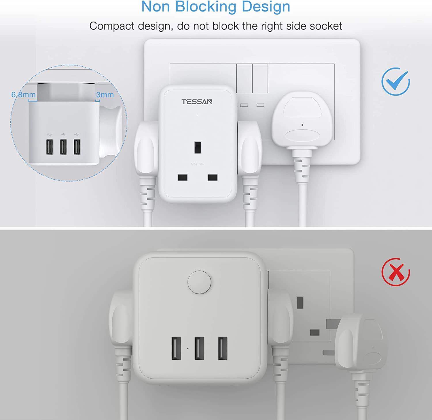 Multi Socket Adapter with 3AC outlets 3 USB