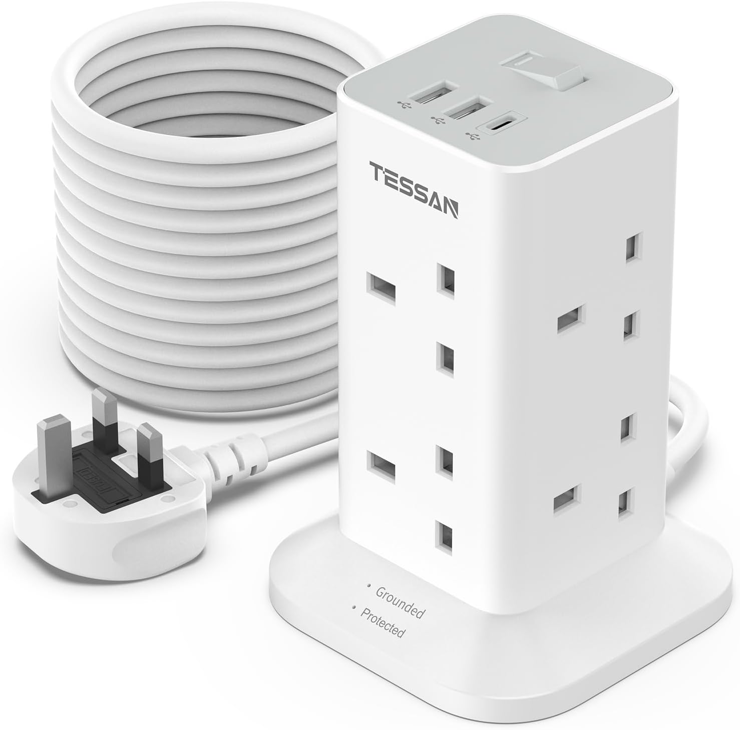 TESSAN 8 Way Tower Extension Lead with USB C Slots