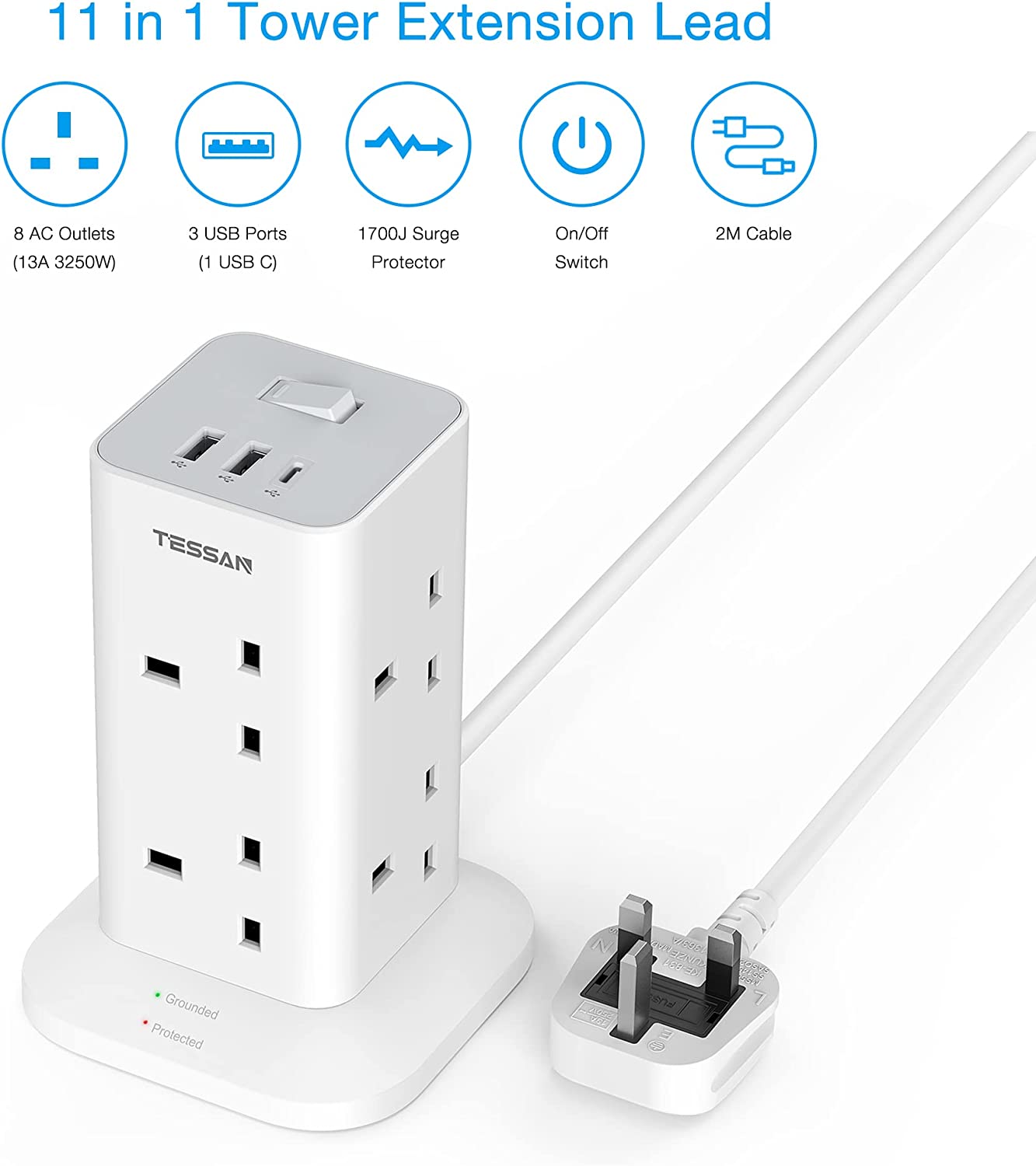 Power Strip Tower 8 Way Multi Plug Extension Sockets 2M Cord