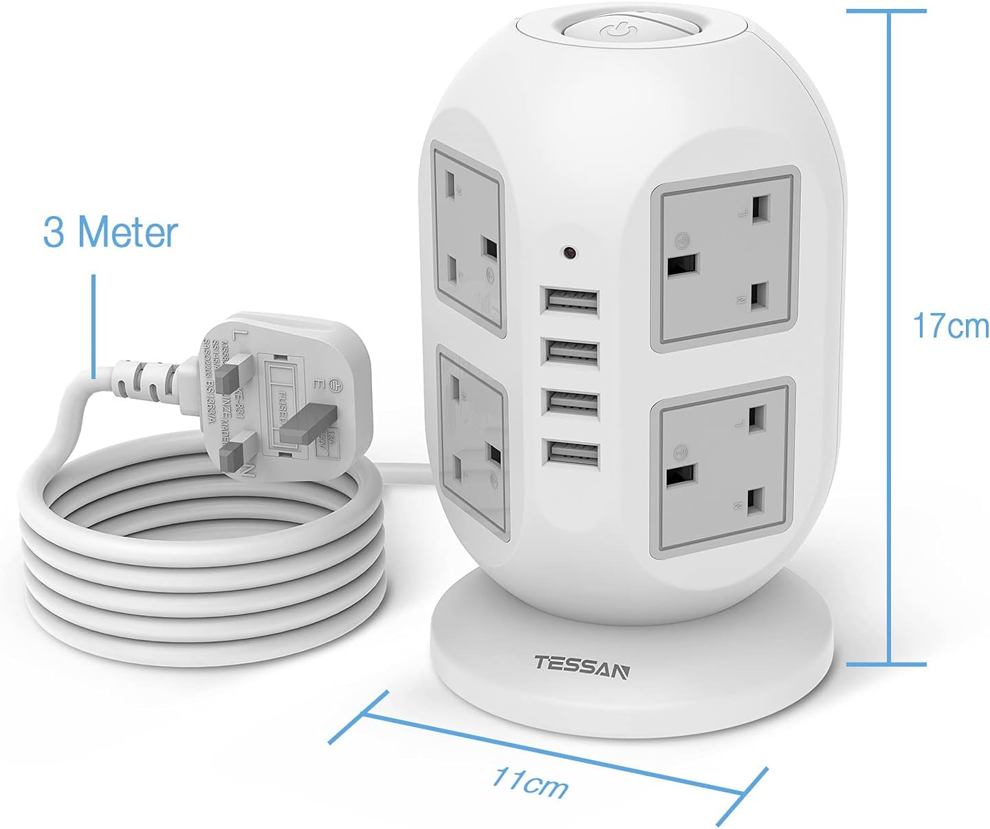 Surge Protector Power Strip Tower 3M Extension Cord With 8 Outlets 4 USB Ports