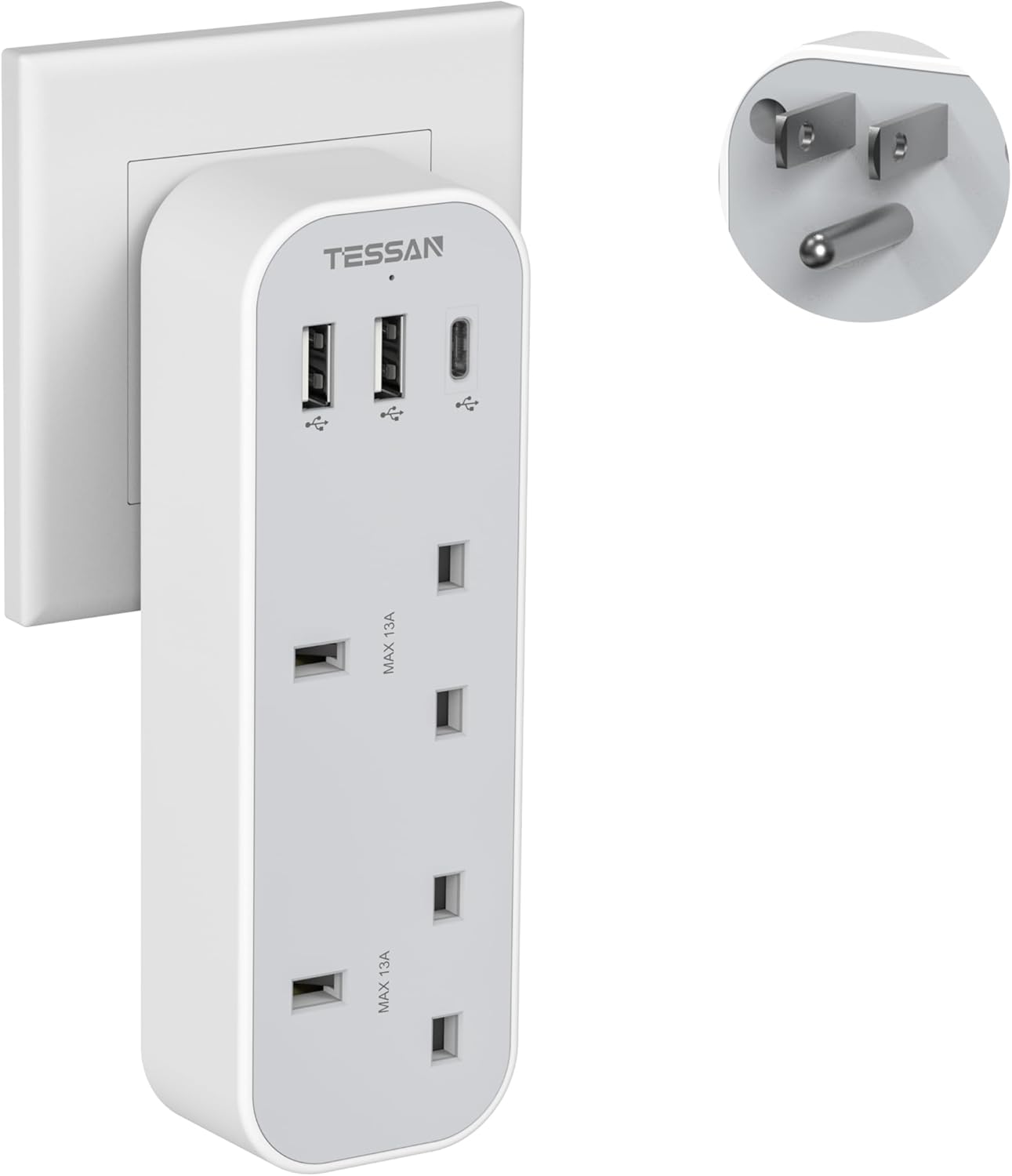 TESSAN 5-Port UK to US Adapter with USB-C