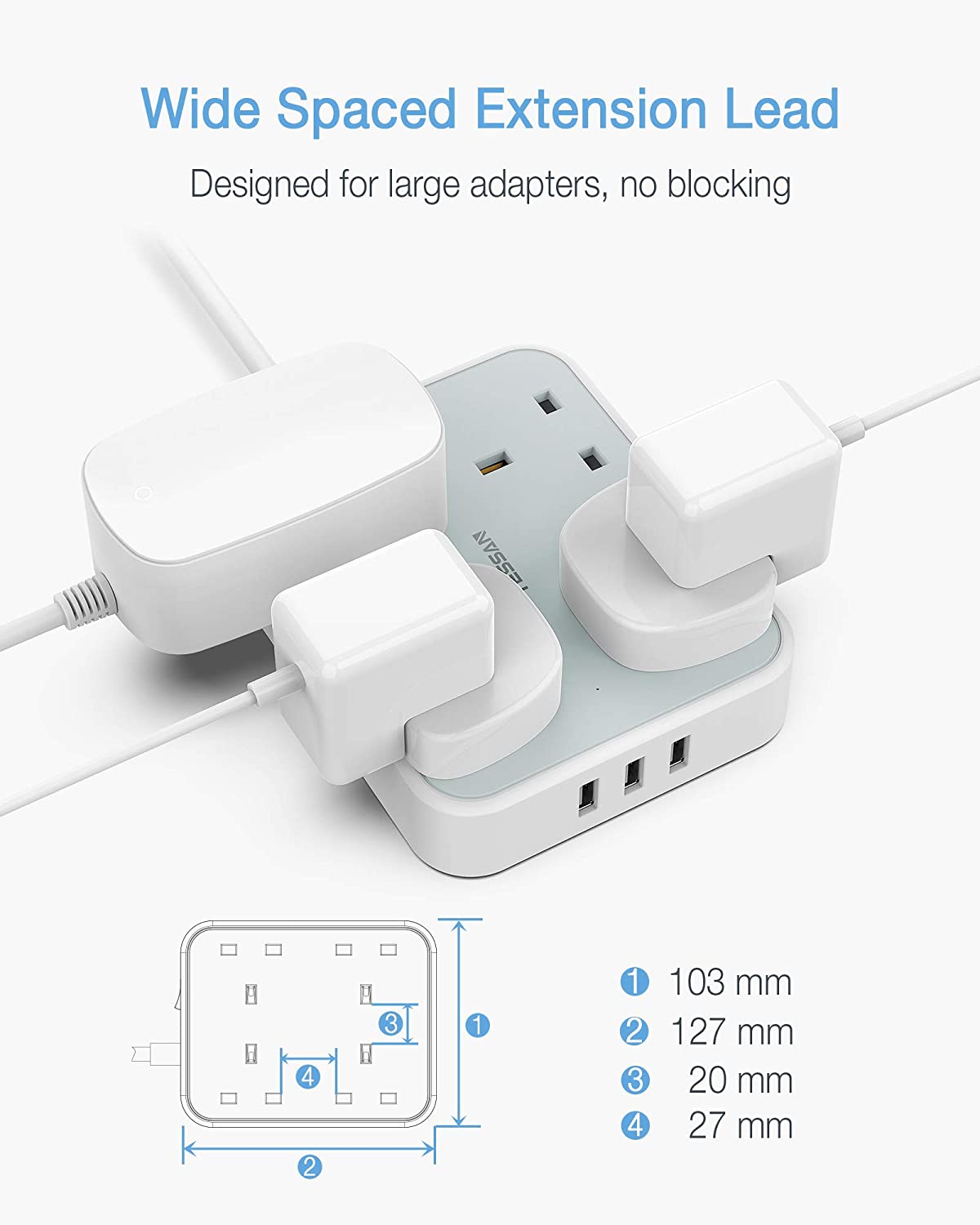 Power Strip 13A 4 Way Multi Plug Extension Cable with 2M Cord