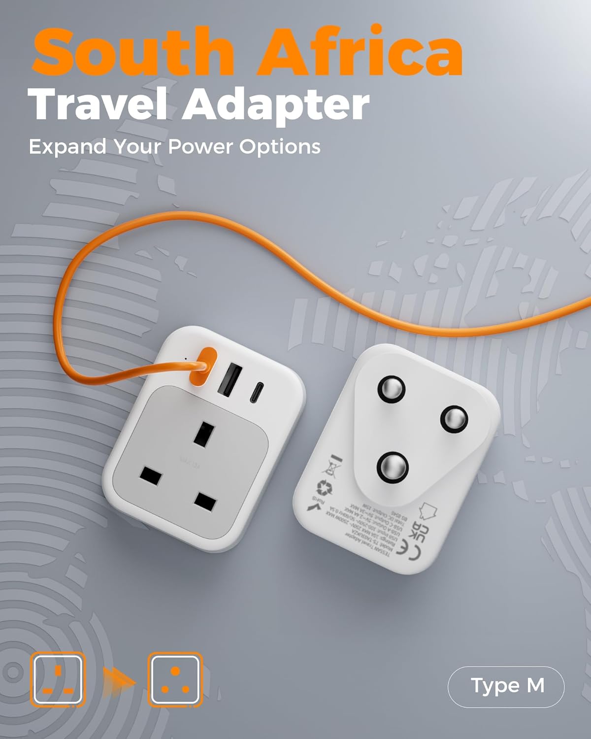 TESSAN 4-Port South Africa Adapter with USB C