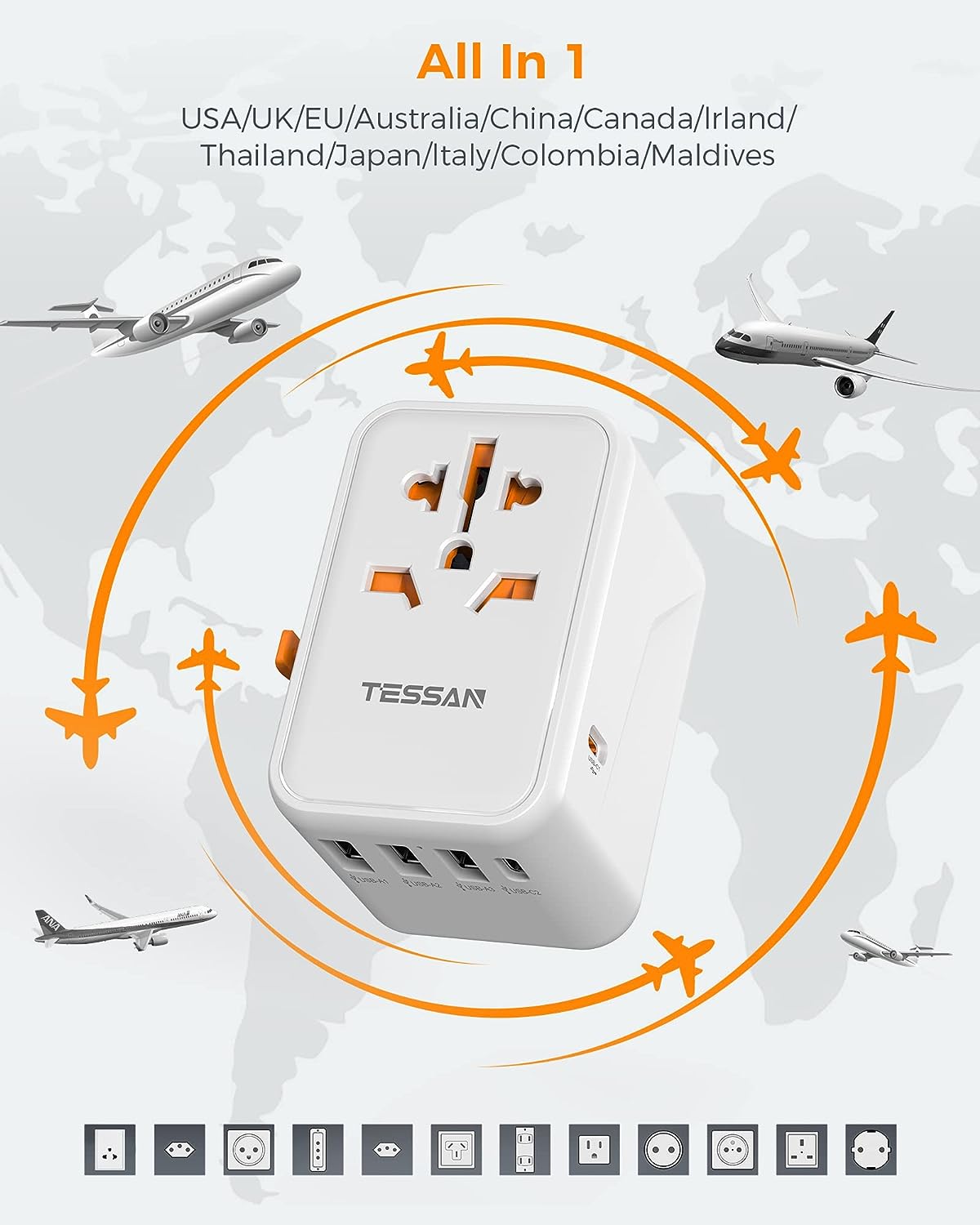 TESSAN Universal Travel Adapter Worldwide with PD 45W USB C Fast Charging