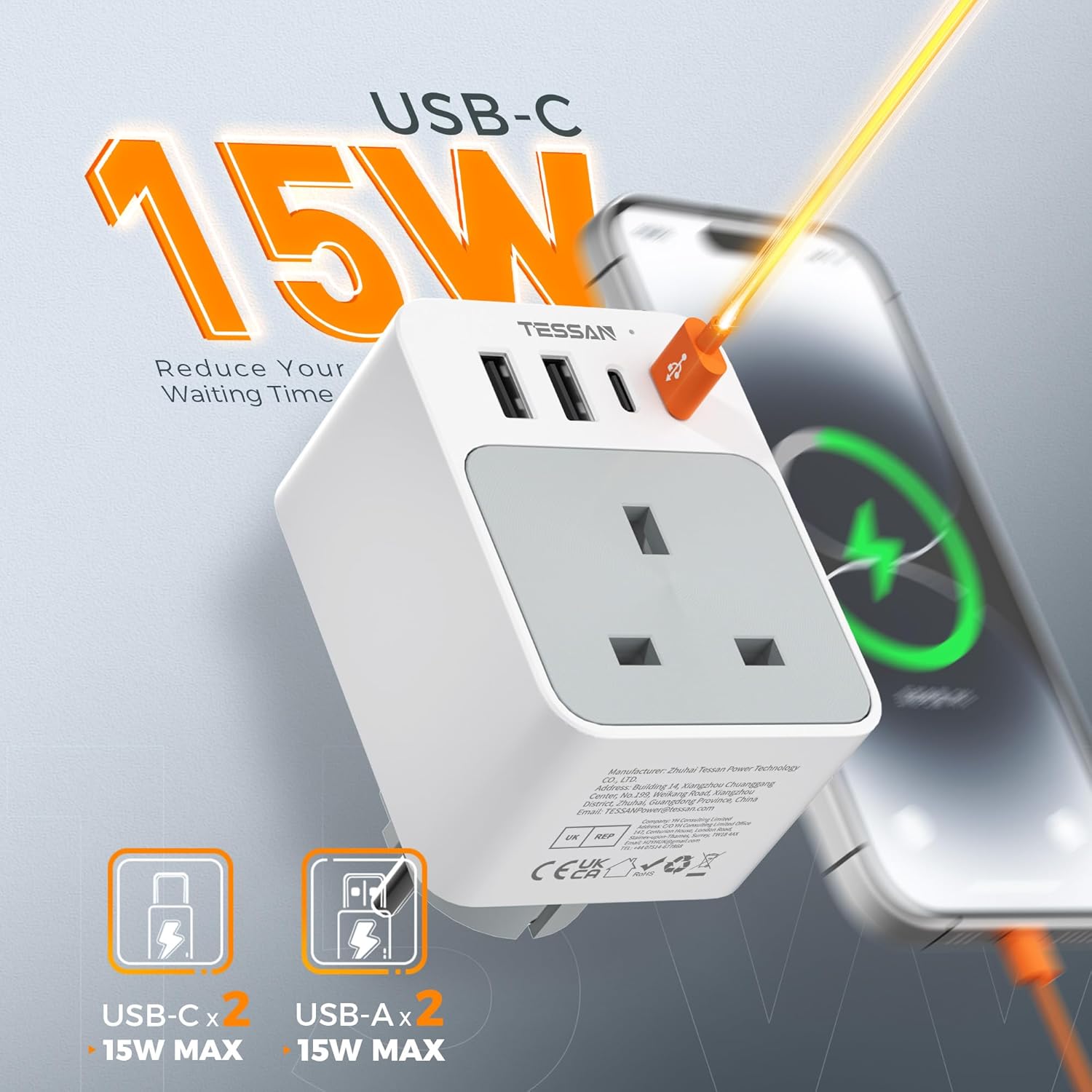 TESSAN UK to European Plug Adapter with USB Ports