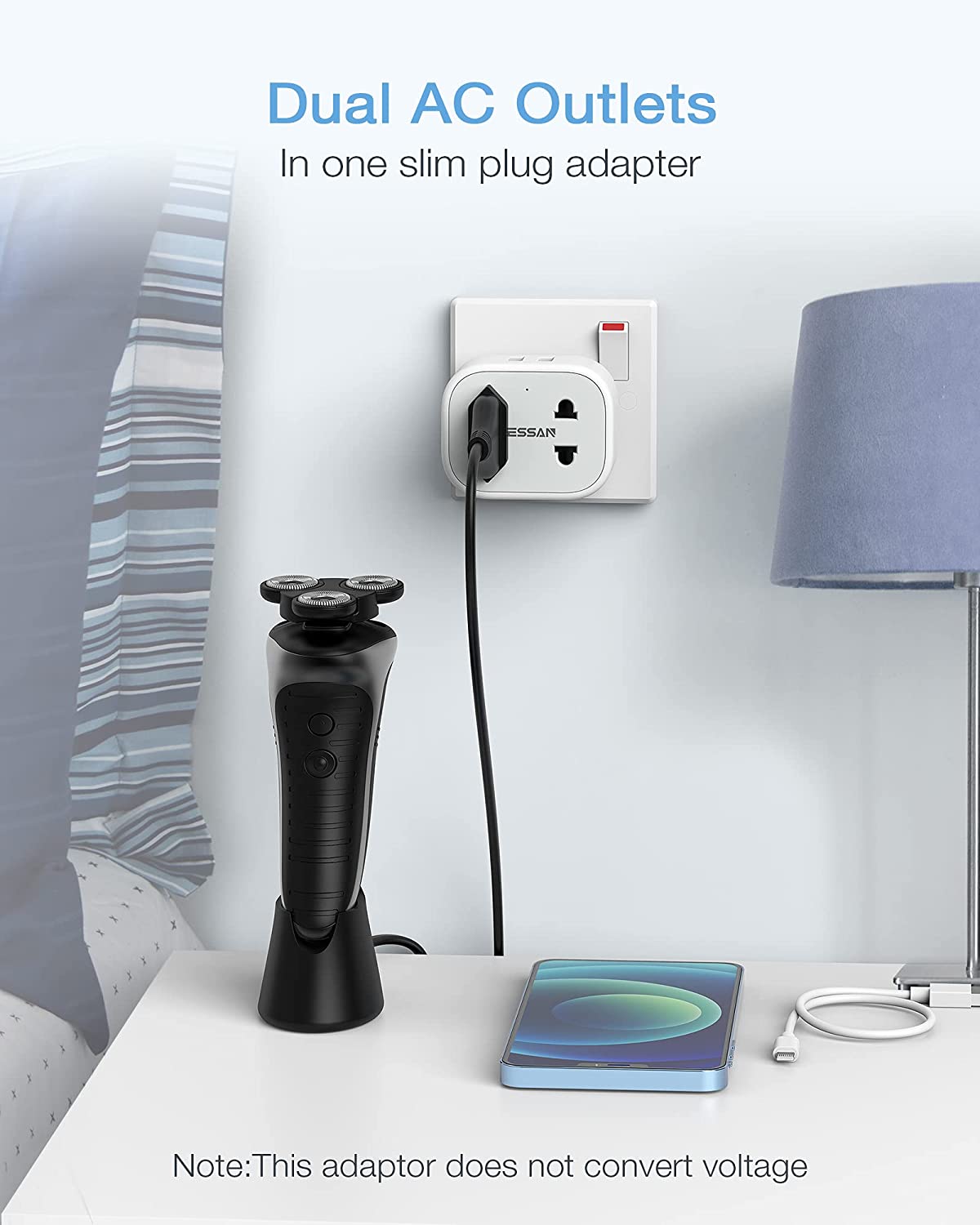 Shaver Charger 2 Pin to 3 Pin Adapter Plug Socket for Bathroom Electric Razor