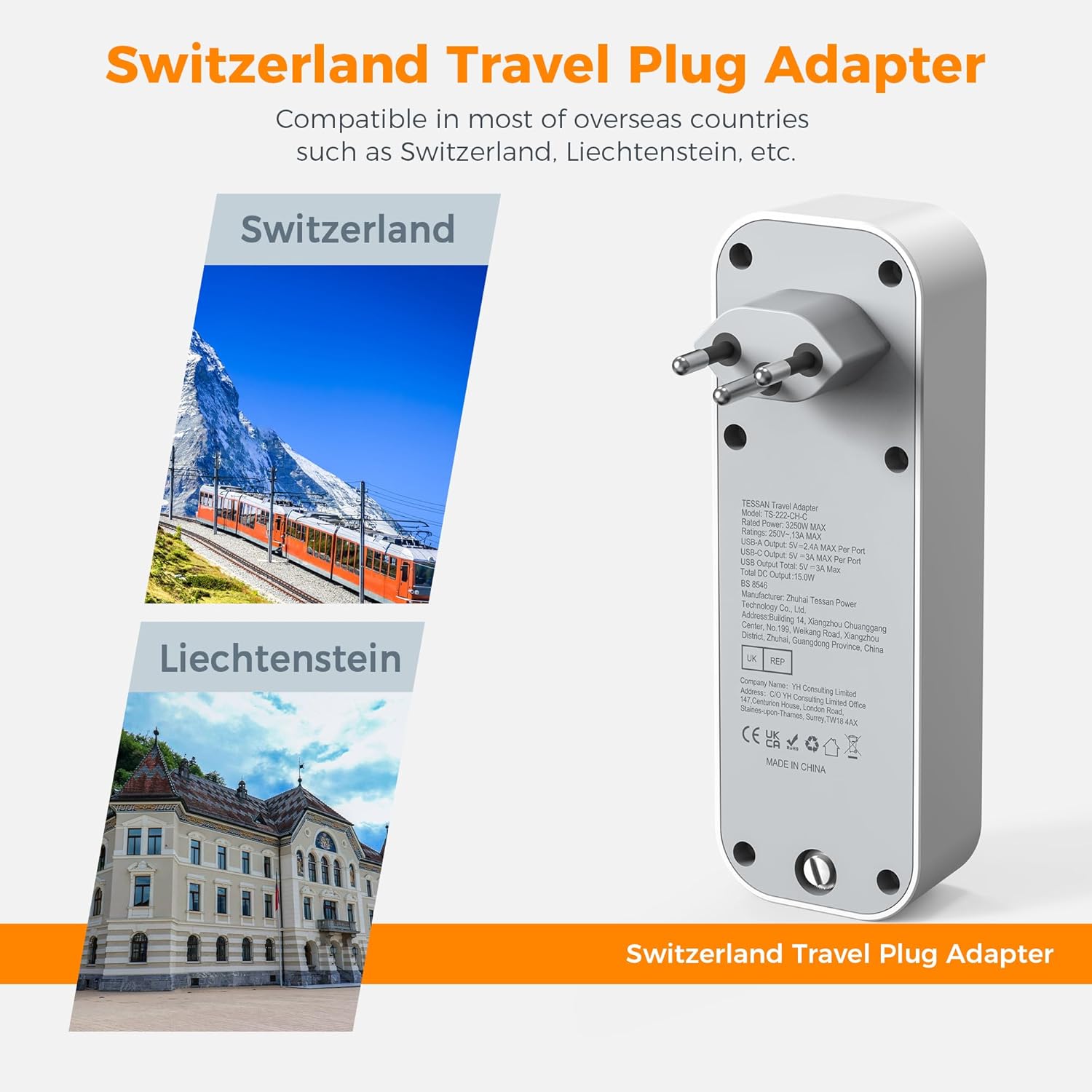 TESSAN 5-in-1 UK to Switzerland Adapter with USB-C