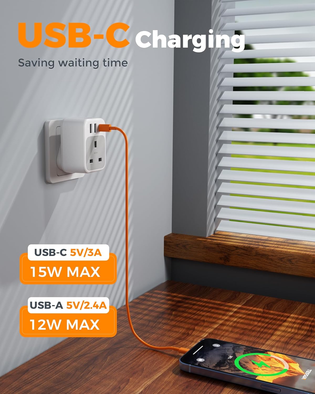 TESSAN 4-Port South Africa Adapter with USB C