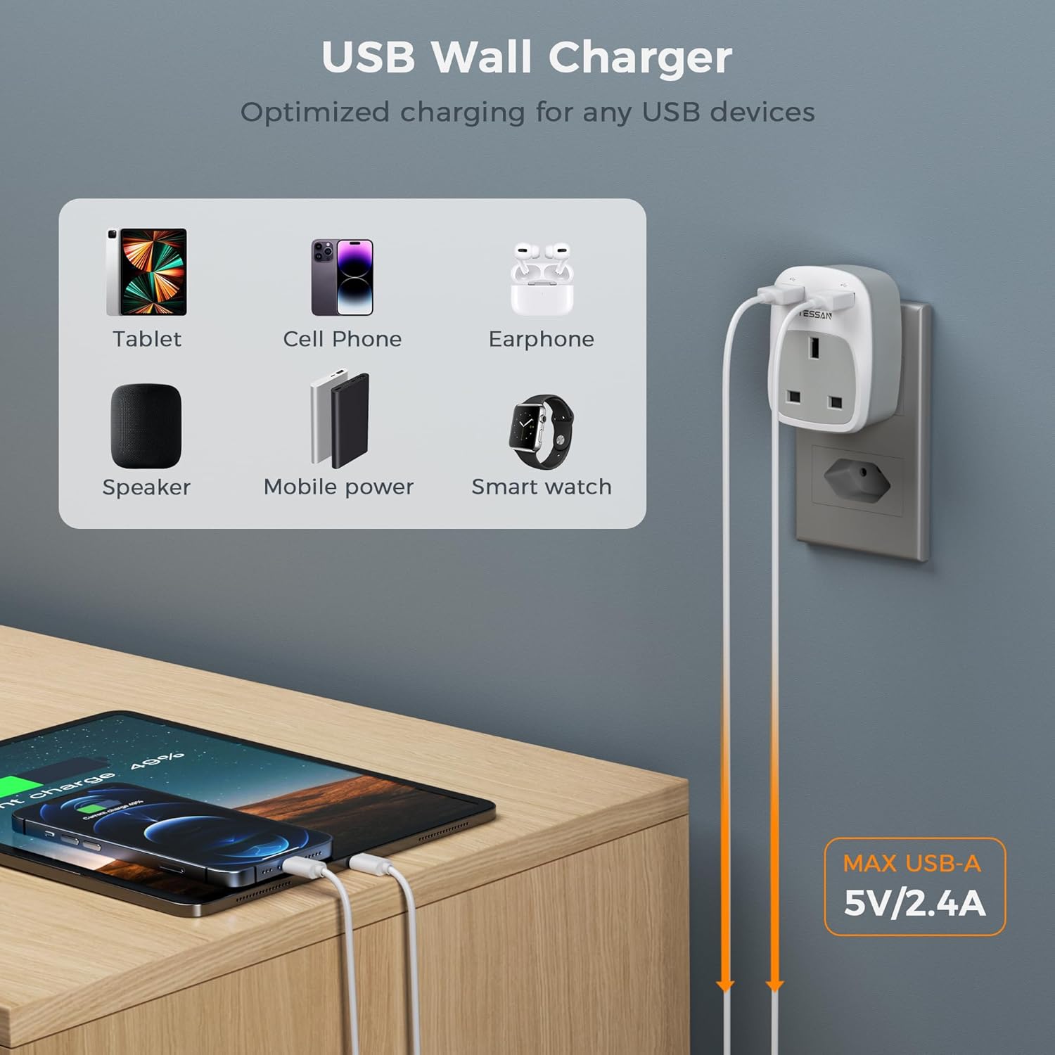TESSAN UK to Brazilian Power Adaptor Dual USB