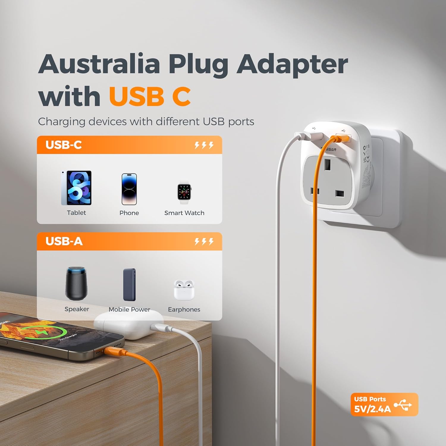 TESSAN UK to Australia Plug Adapter with USB