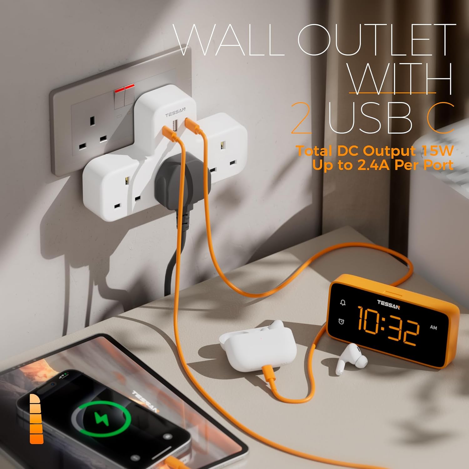 TESSAN UK Plug Extension Socket with 3 USB