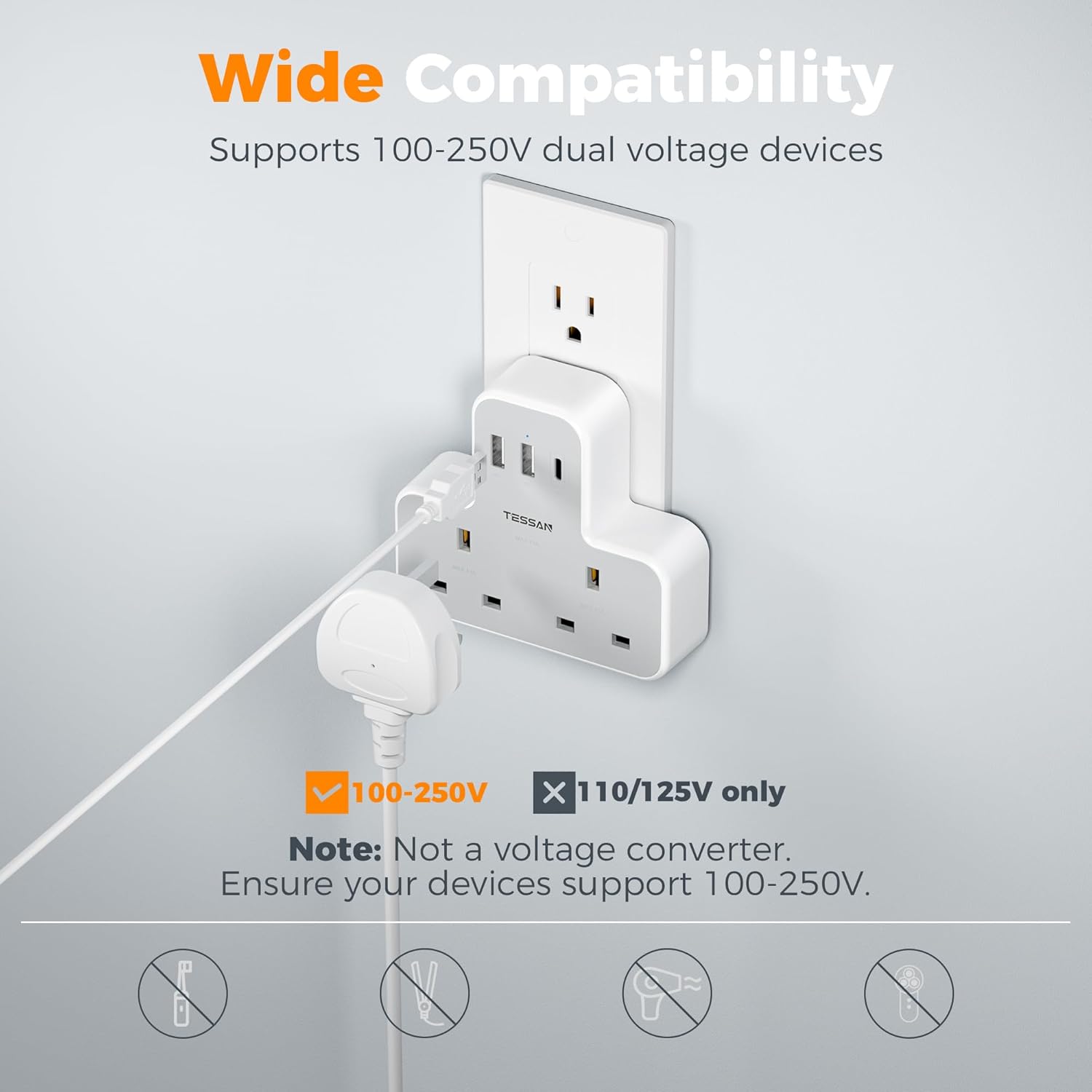 TESSAN 5-in-1 UK to US Adapter with USB-C