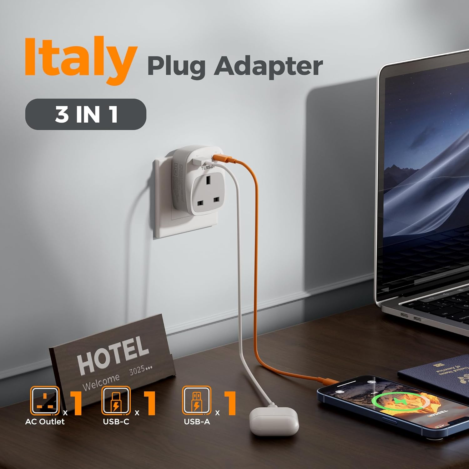 TESSAN 4-in-1 UK to Italy USB-C Adapter