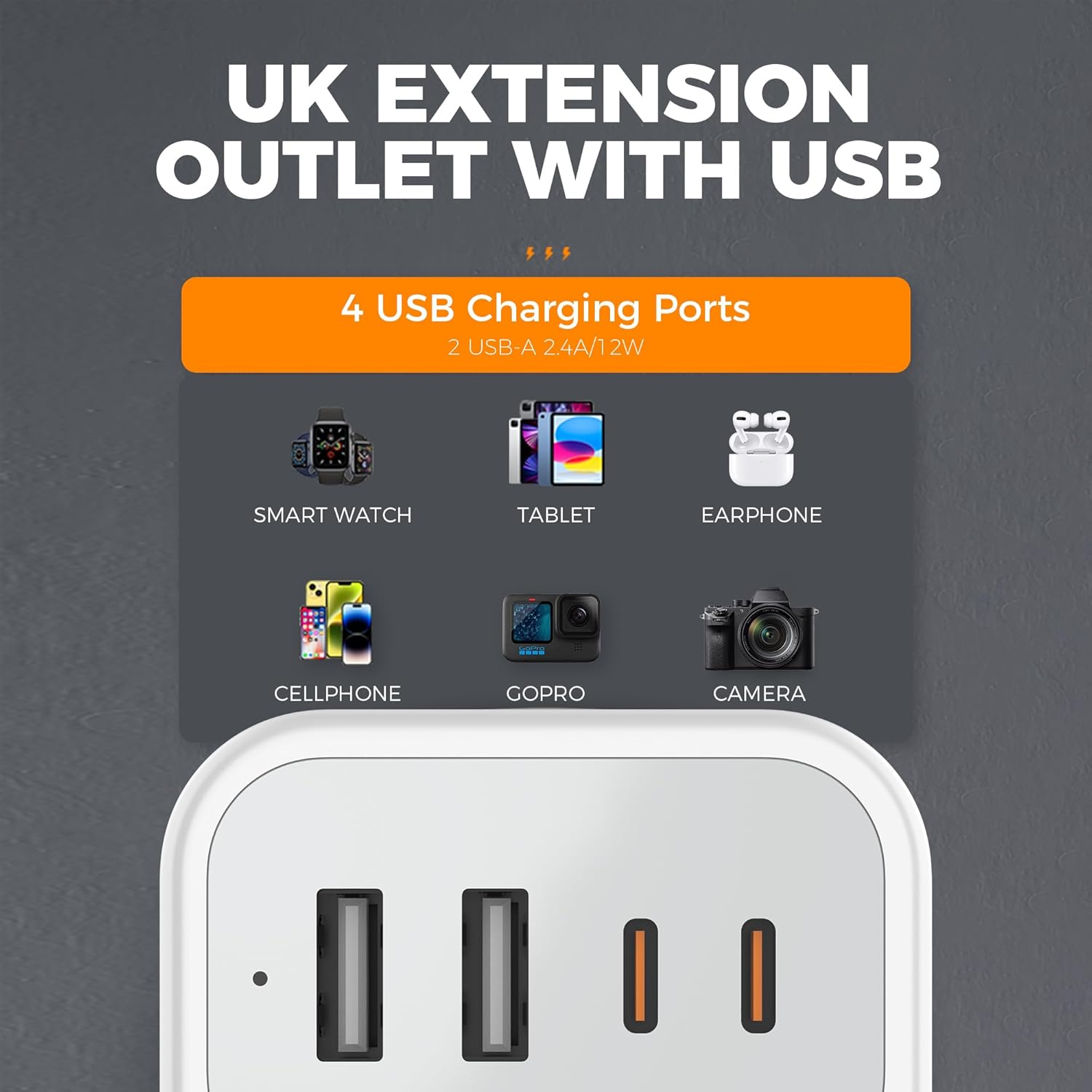 TESSAN UK Multi Plug Extension Adapter with USB