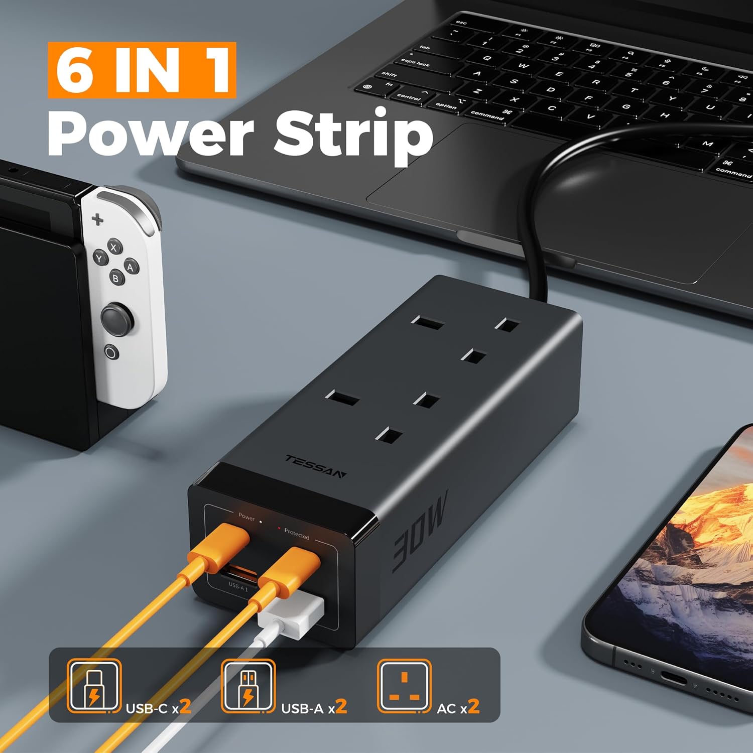 TESSAN 30W Extension Lead with 4 USB Slots