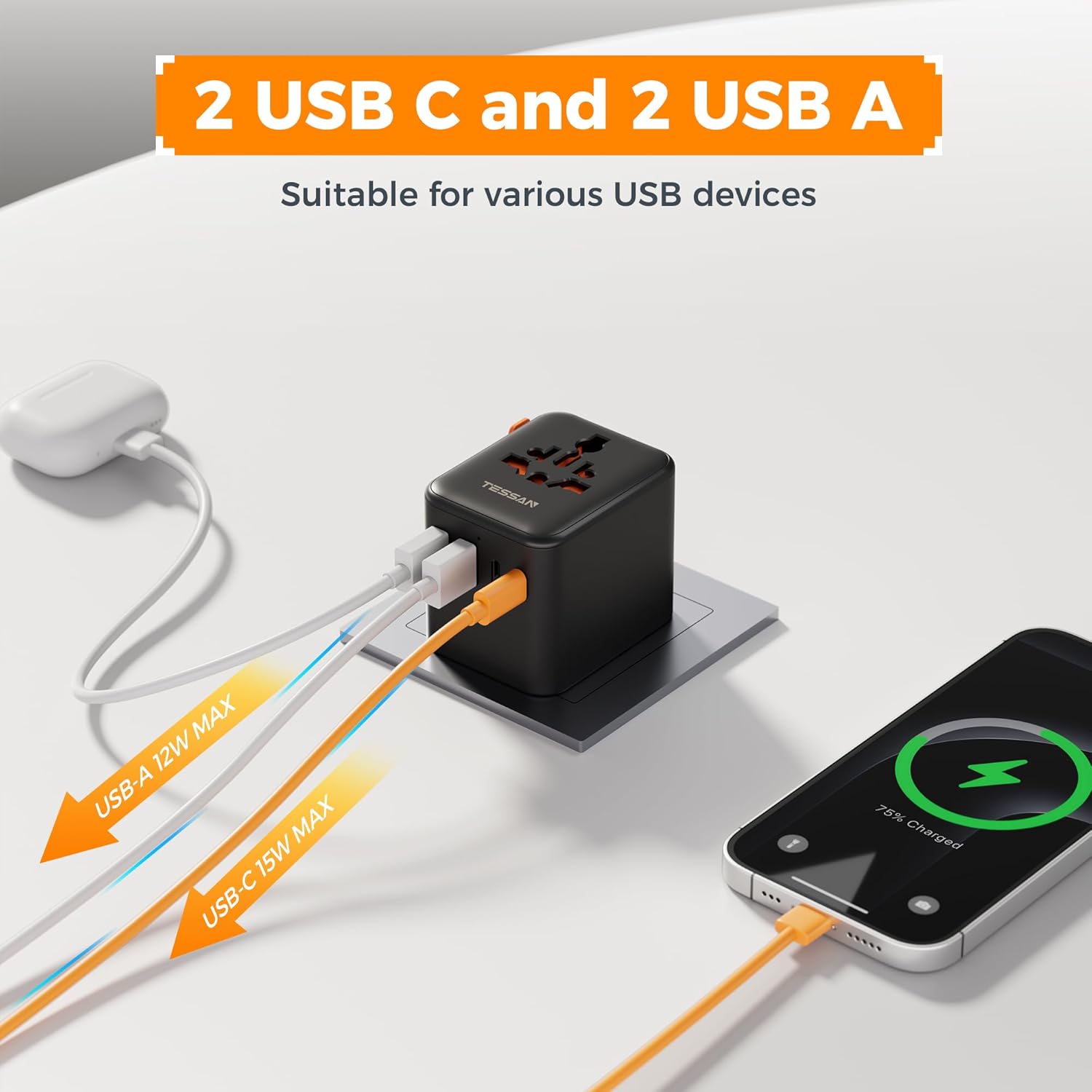 TESSAN 4-Port USB Worldwide Universal Travel Adapter