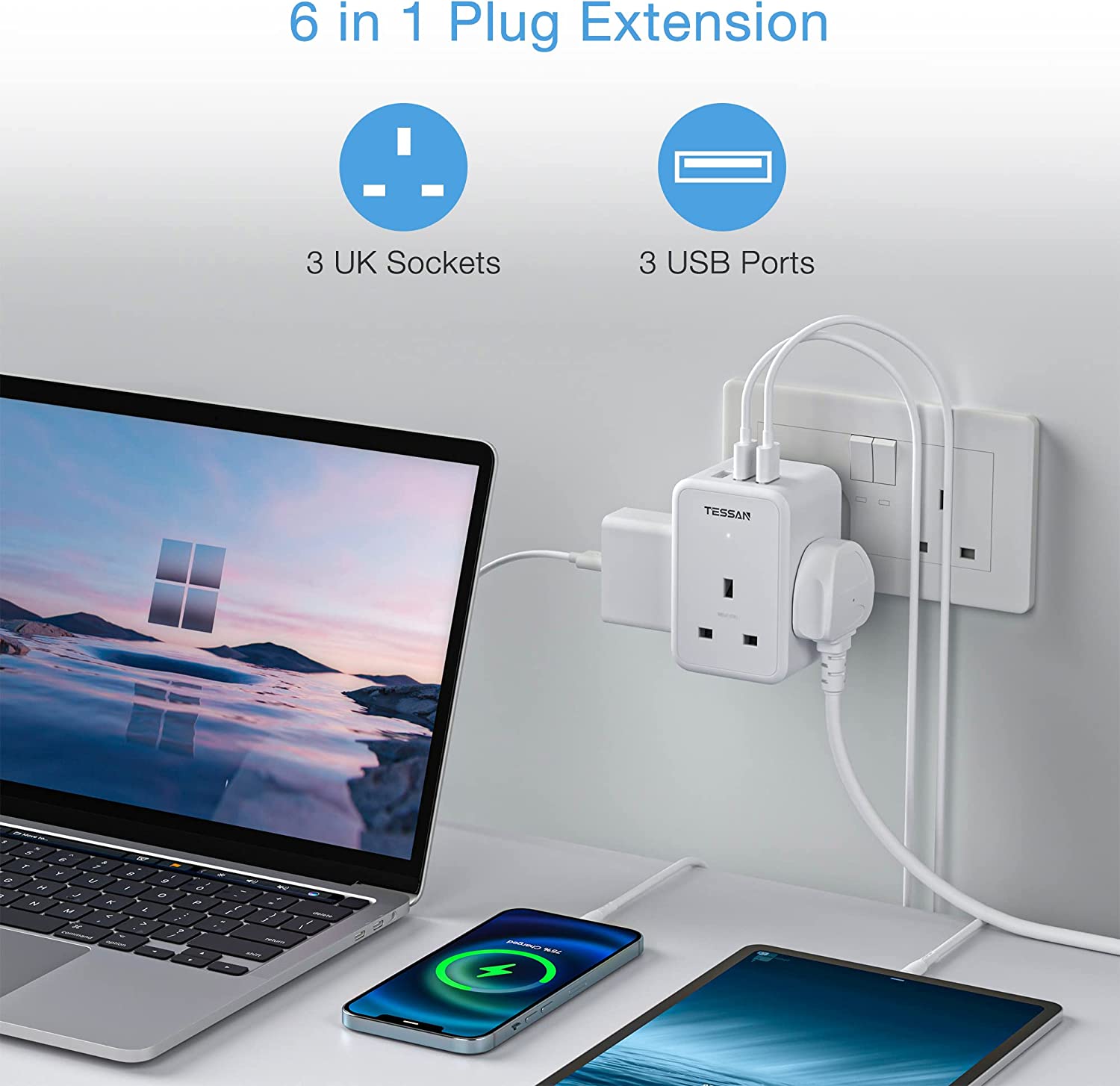 Multi Socket Adapter with 3AC outlets 3 USB