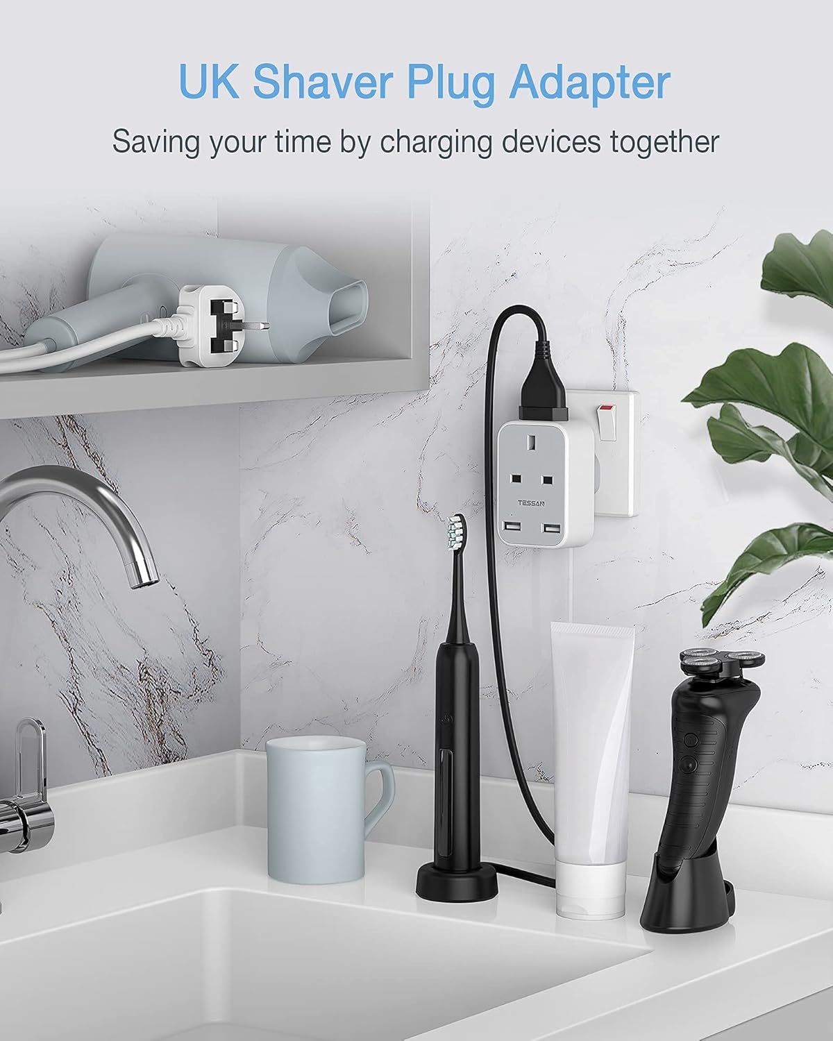 TESSAN 2-Pin Plug Adapter with Dual USB Ports