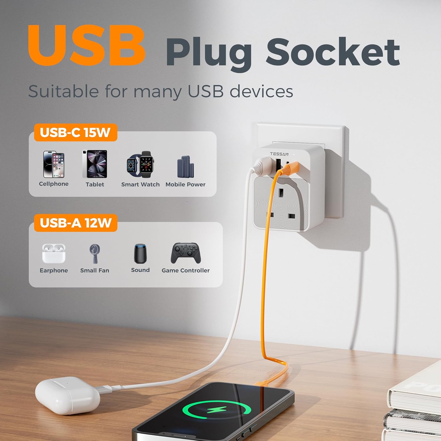 TESSAN UK Plug Adaptor with USB C