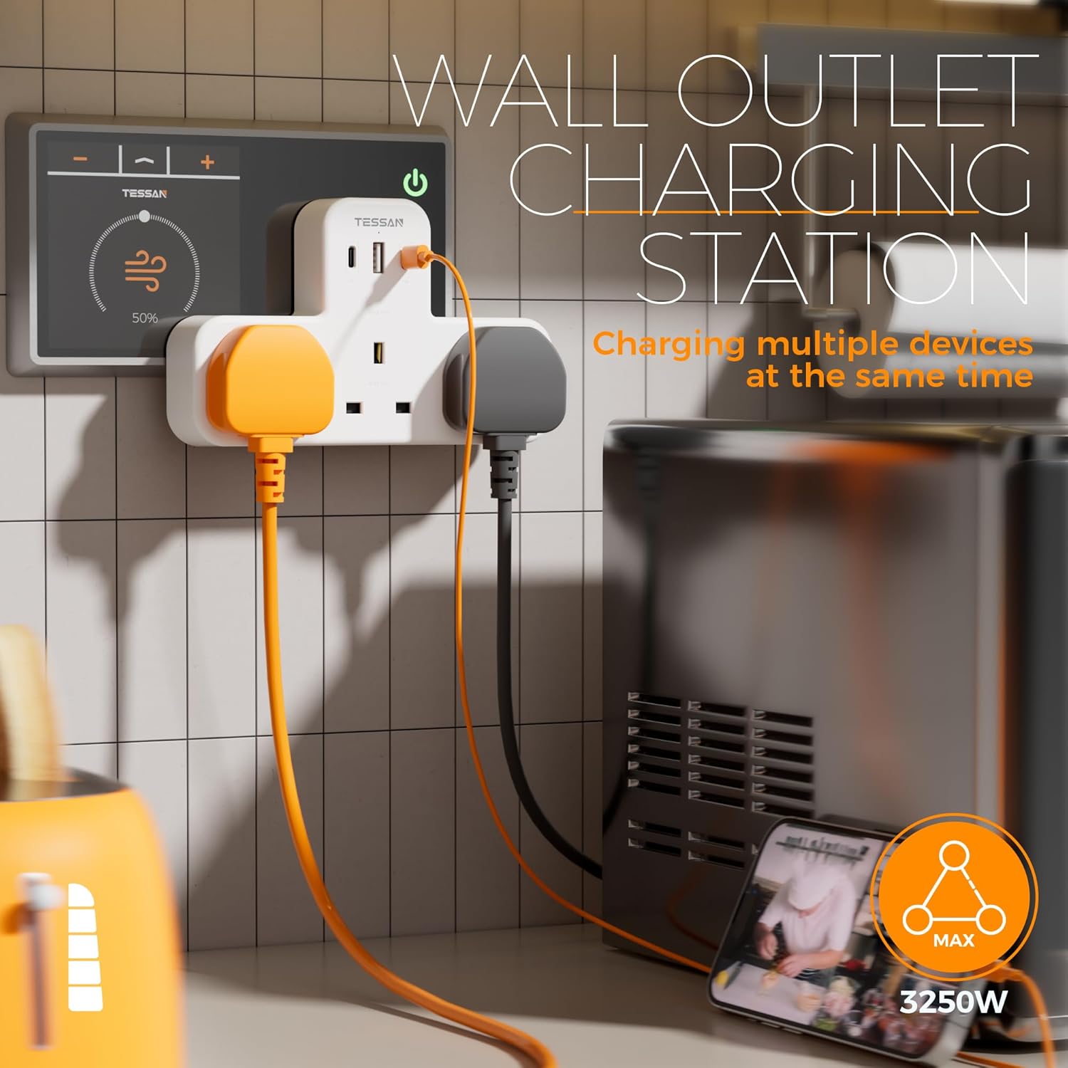 TESSAN UK Plug Extension Socket with 3 USB