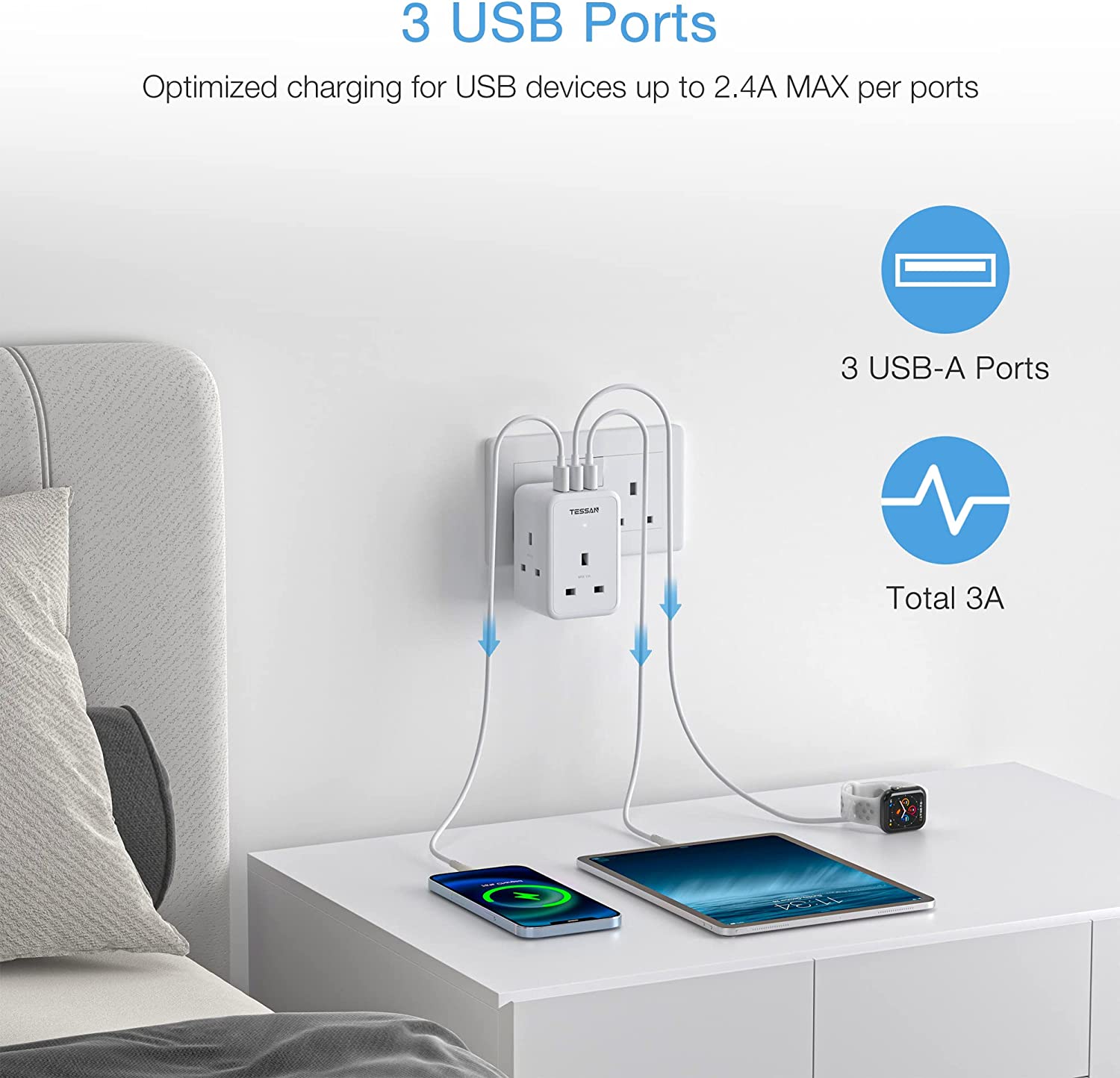 Multi Socket Adapter with 3AC outlets 3 USB