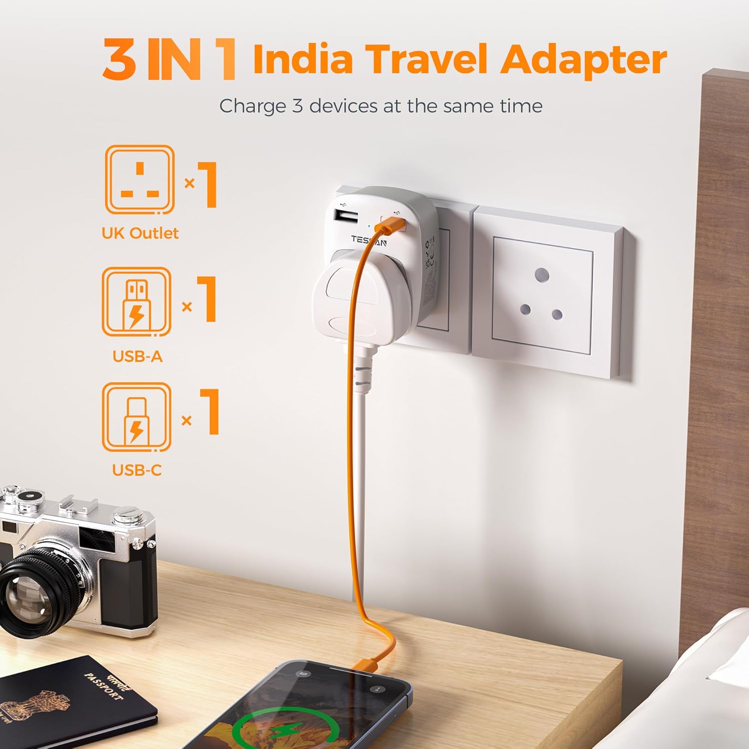 TESSAN 3-in-1 UK to India USB Adapter