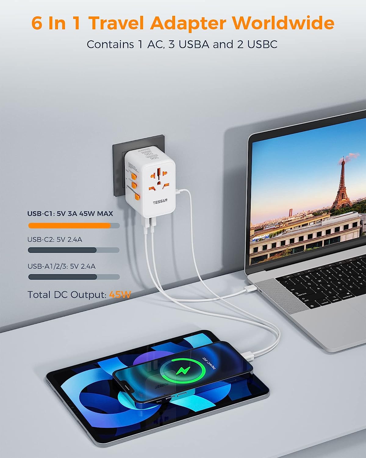 TESSAN 45W Adaptateur Prise Universelle, Chargeur Universel avec 3 USB, 1  USB C, 1 Chargeur USB C Rapide, Adaptateur Universel de Voyage France vers  USA UK Chine Australie, Prise Universelle Voyage : : Bricolage