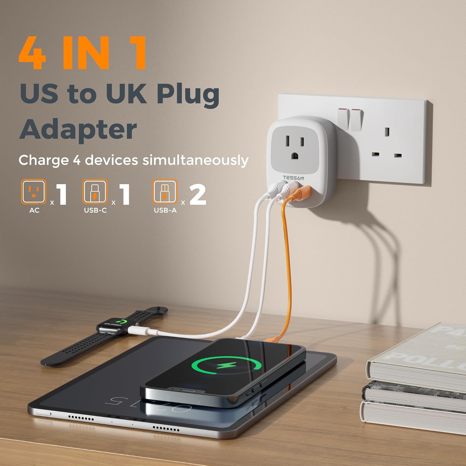 TESSAN 4-in-1 US to UK Adapter with USB-C