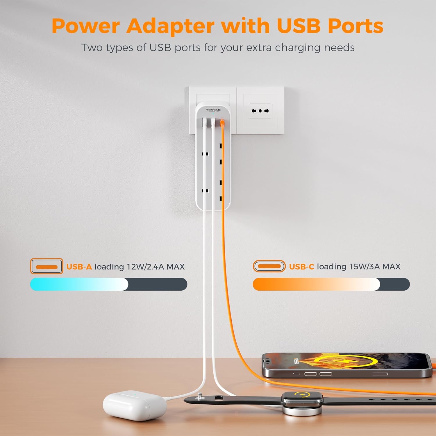TESSAN 5-in-1 UK to Italy Adapter with USB-C
