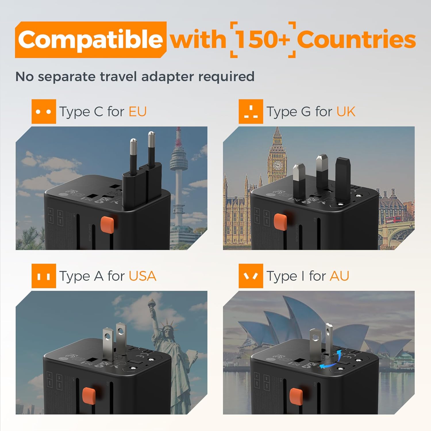 TESSAN 4-Port USB Worldwide Universal Travel Adapter