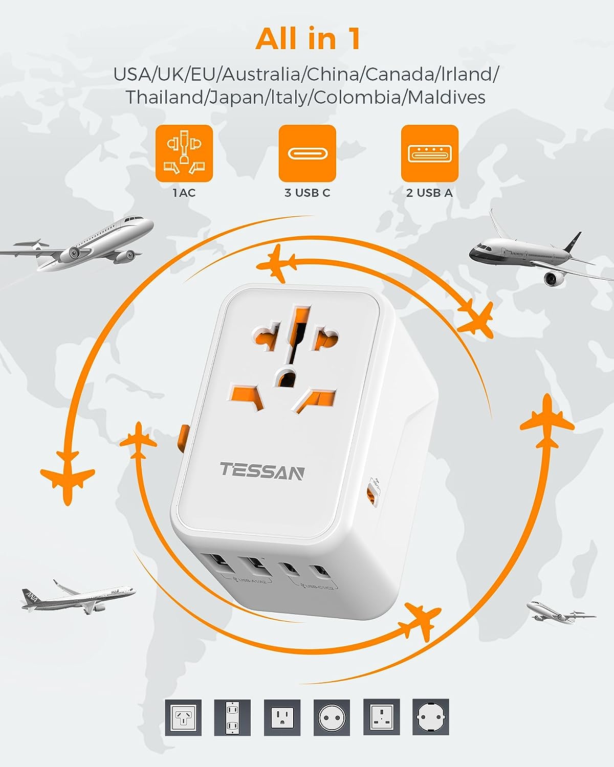 TESSAN Universal Travel Adapter Worldwide 65W PD Fast Charger