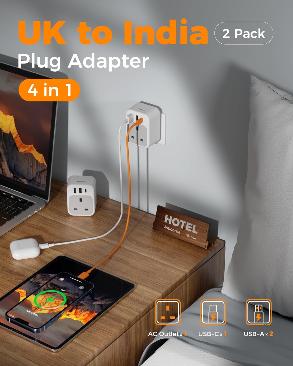 TESSAN 4-in-1 UK to India USB-C Adapter