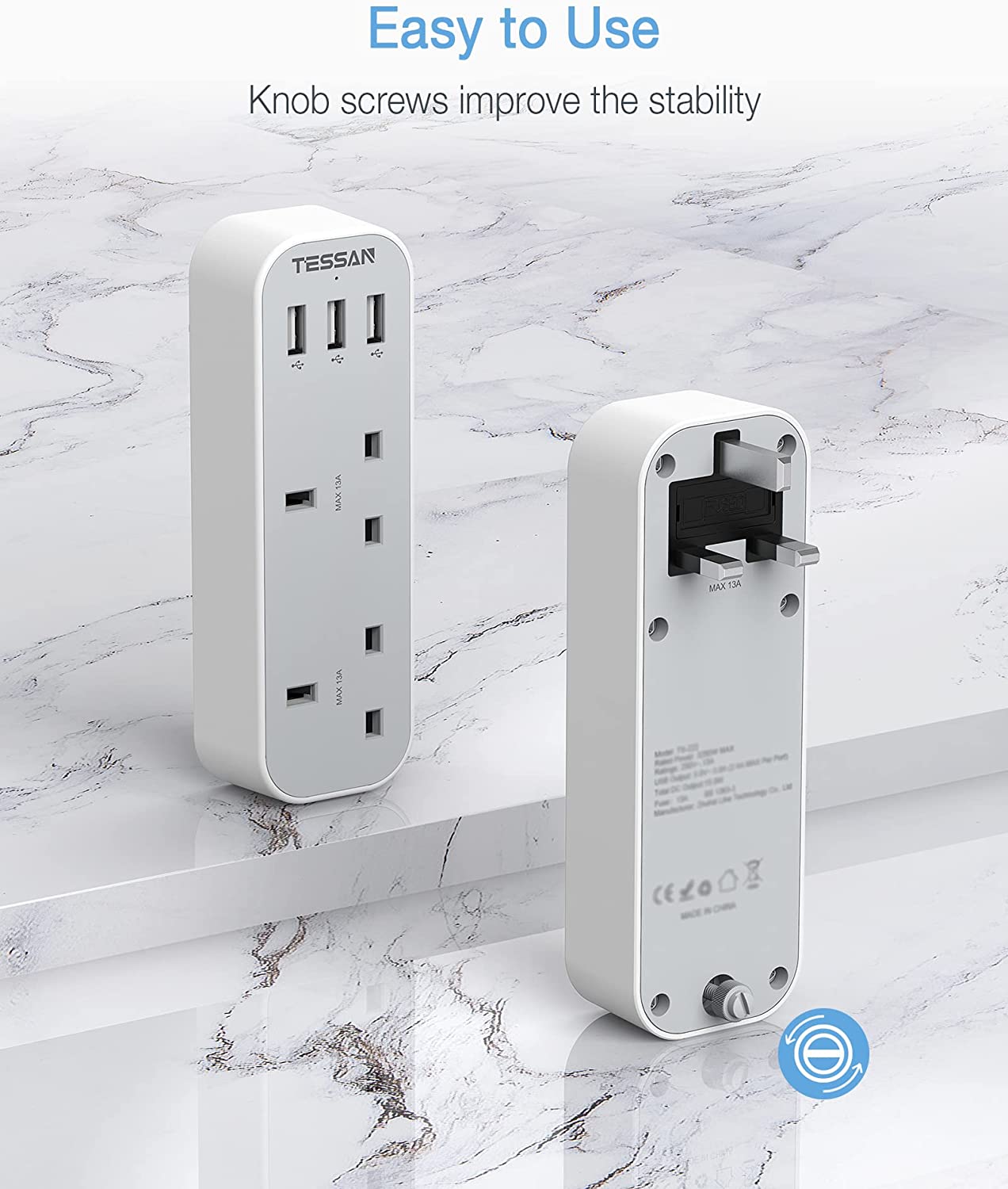 Multi Plug Extension Double Plug Adaptor with 2 Outlets and 3 USB Ports