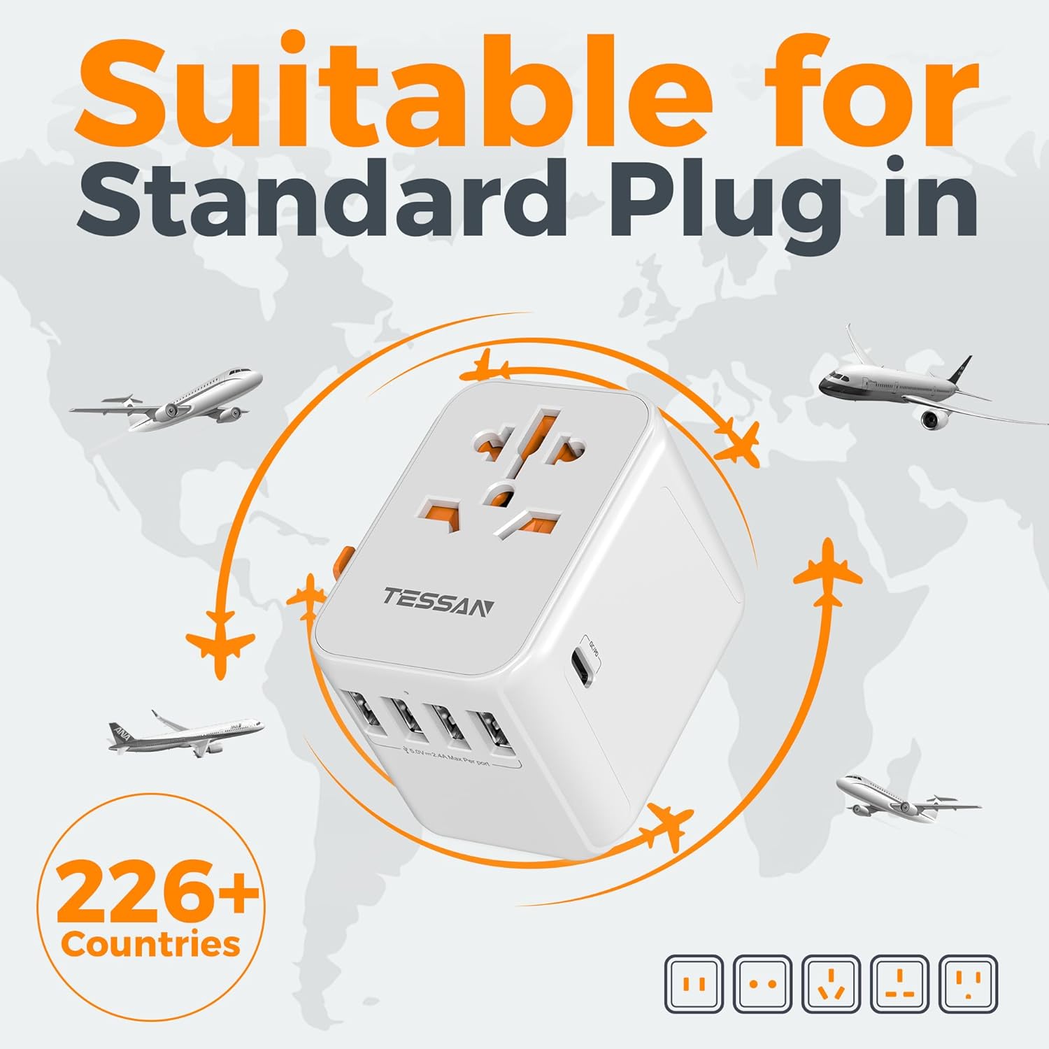 TESSAN 5-Port USB International Universal Travel Adapter