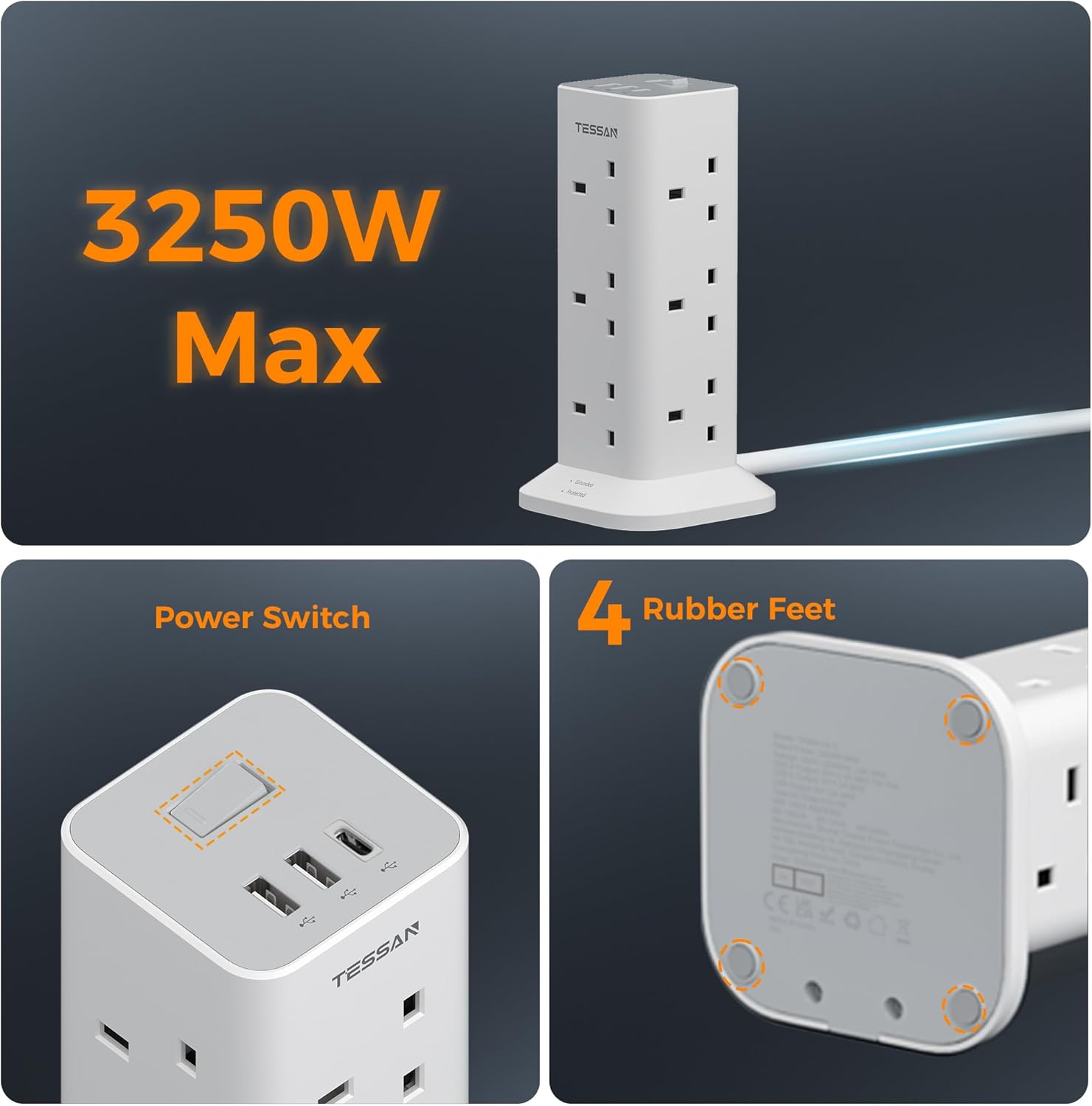TESSAN 12 Way Multi Plug Adaptor with Switch