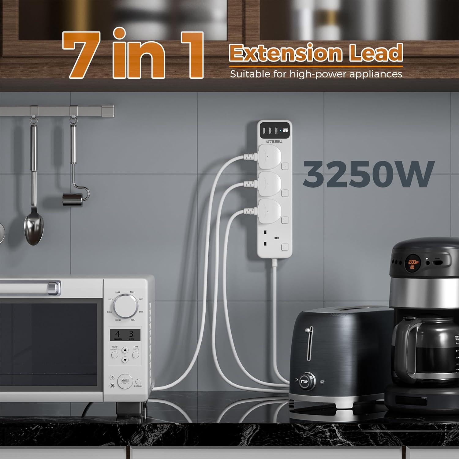 TESSAN 4 Way Multi Plug Extender with 3 USB Slots