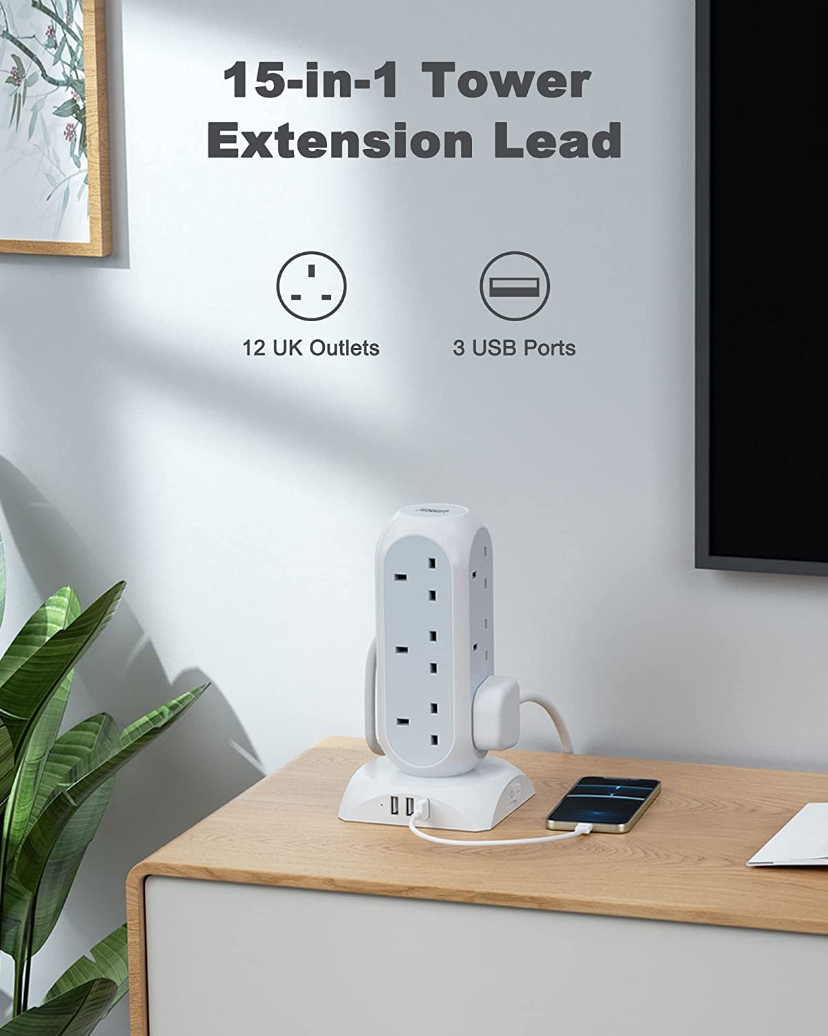 Tower Plug Extension12 Way Multi Plug Socket 3 USB Ports with 2M Cable