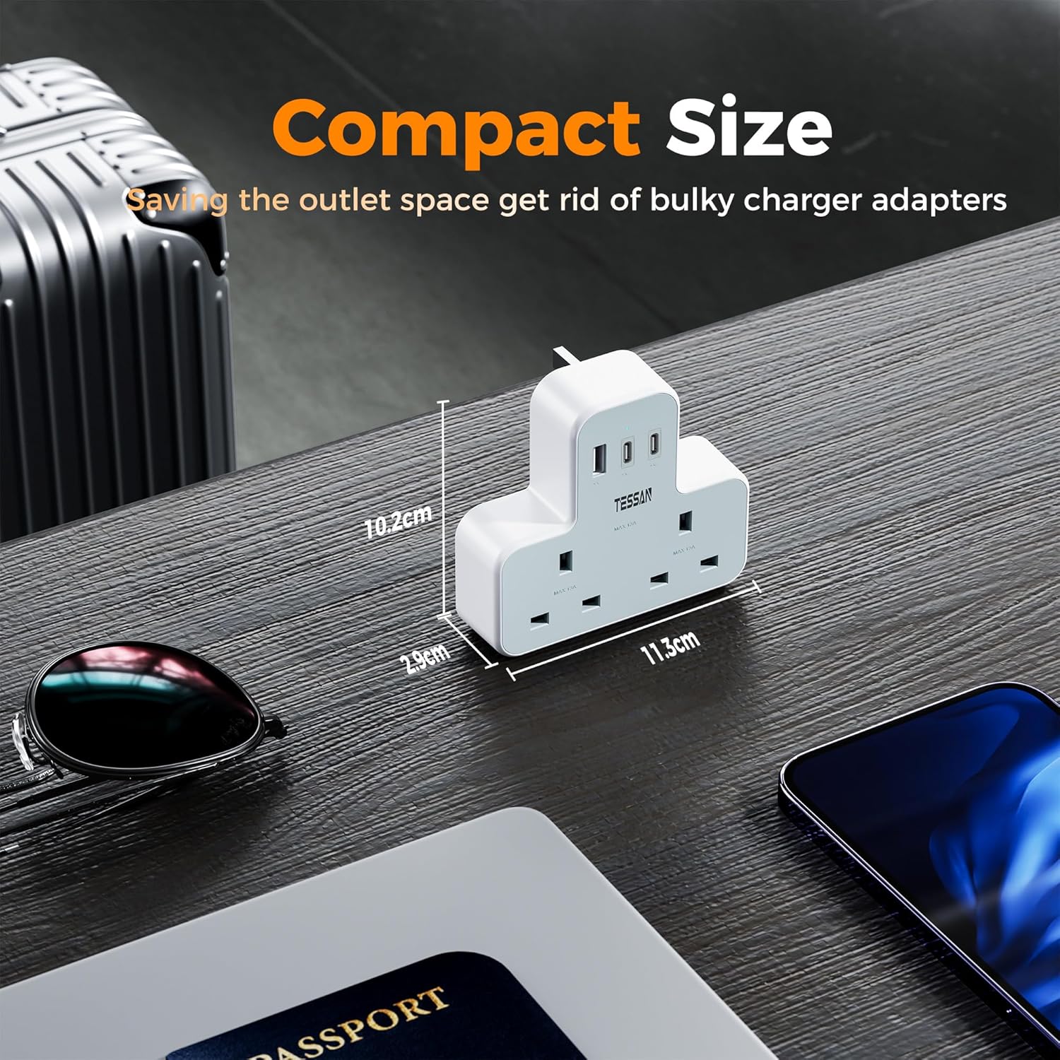 TESSAN Double Plug Extension Socket with Fast Charger