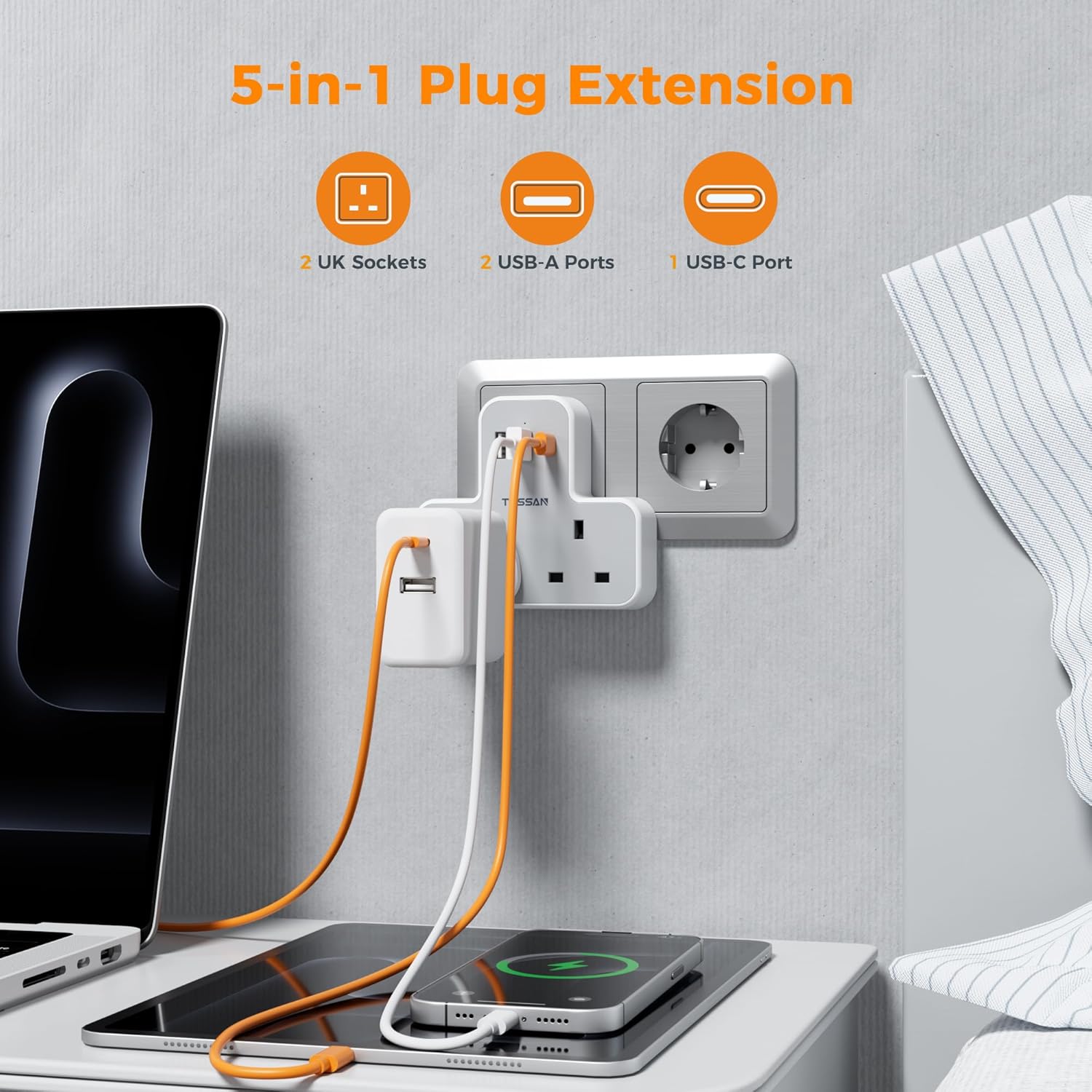 TESSAN 5-in-1 UK to Europe Adapter with USB-C