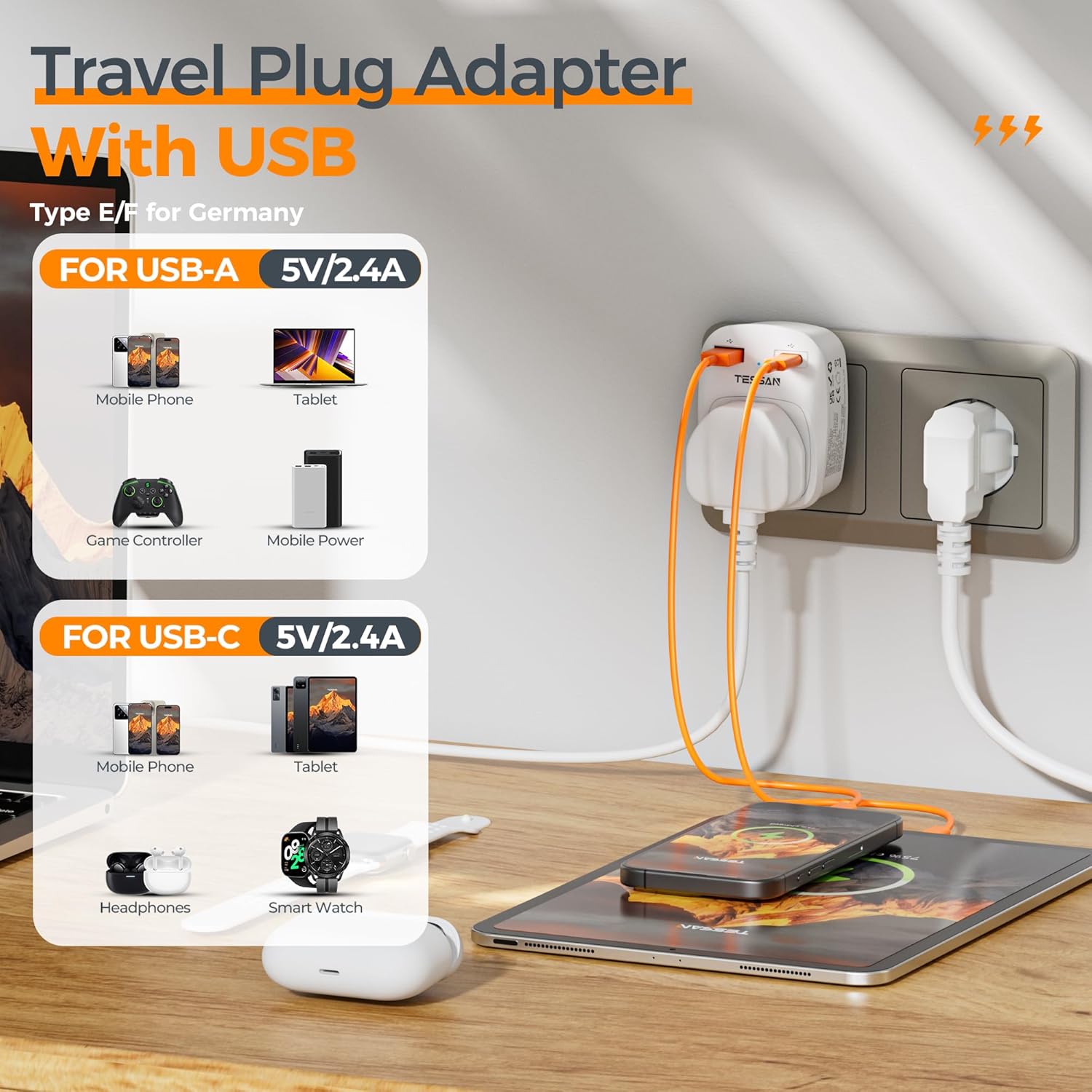 TESSAN 3-in-1 UK to Europe Adapter with USB-C