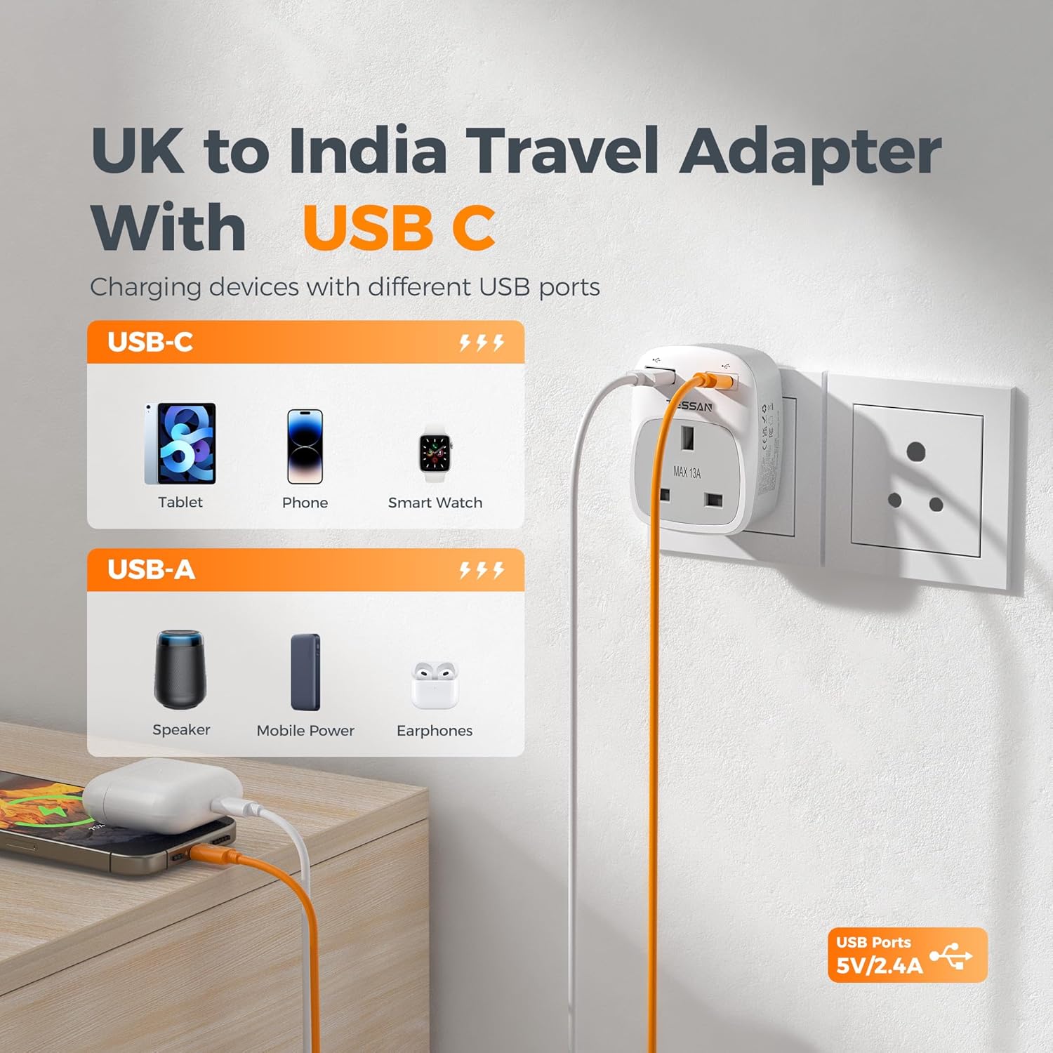 TESSAN 3-in-1 UK to India USB Adapter