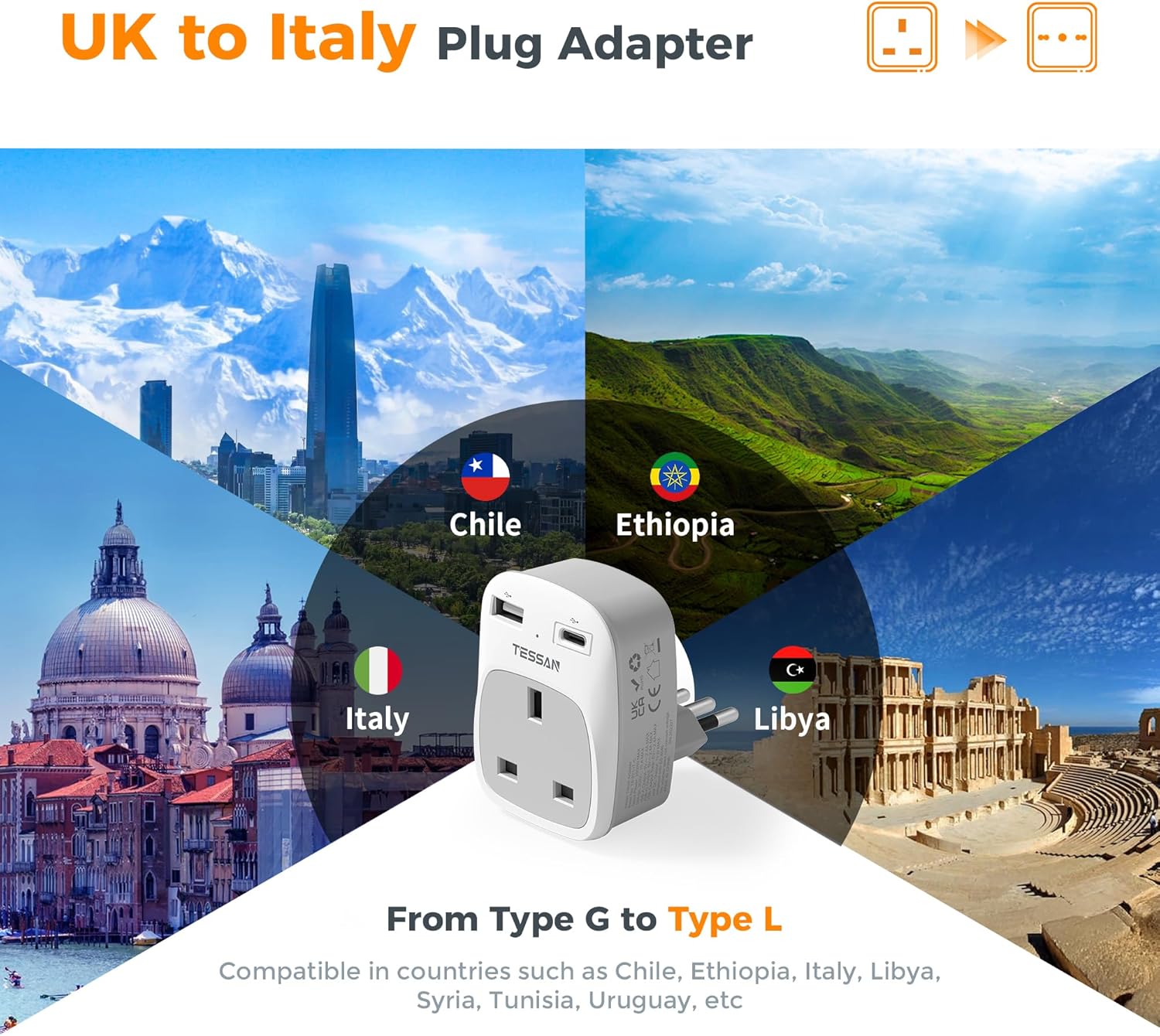 TESSAN 4-in-1 UK to Italy USB-C Adapter