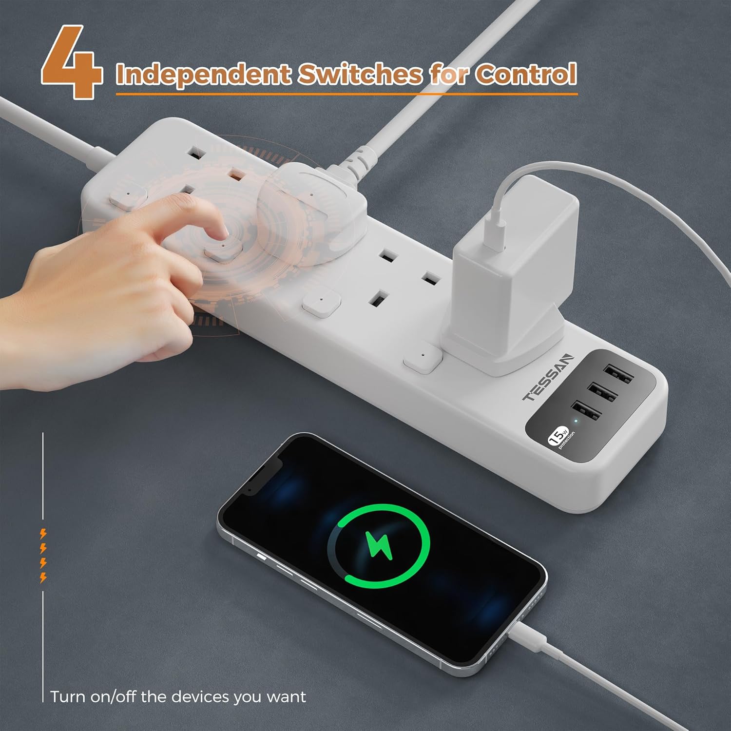 TESSAN 4 Way Multi Plug Extender with 3 USB Slots