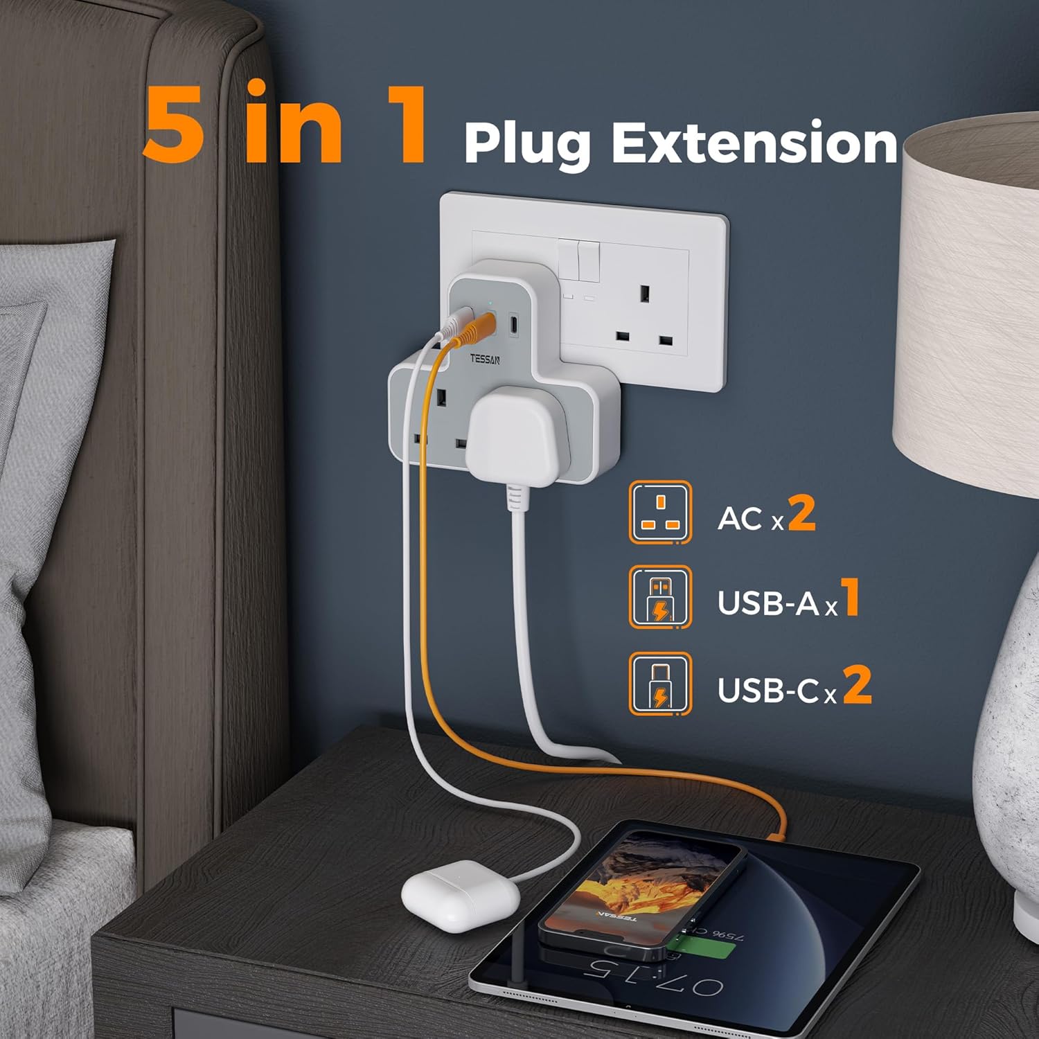 TESSAN Double Plug Extension Socket with Fast Charger