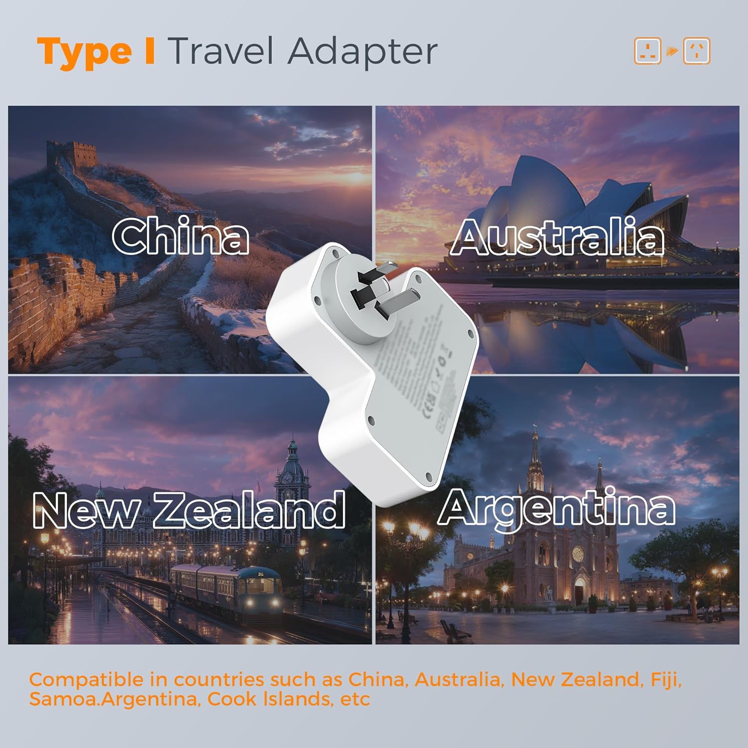 TESSAN 5-in-1 UK to Australia Plug Adapter with USB C