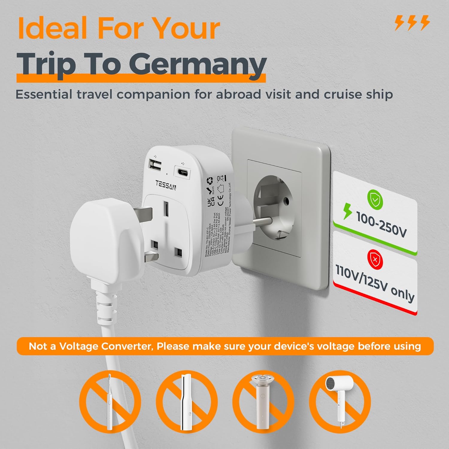 TESSAN 3-in-1 UK to Europe Adapter with USB-C