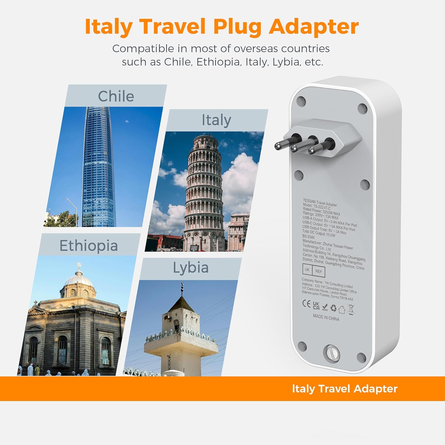 TESSAN 5-in-1 UK to Italy Adapter with USB-C